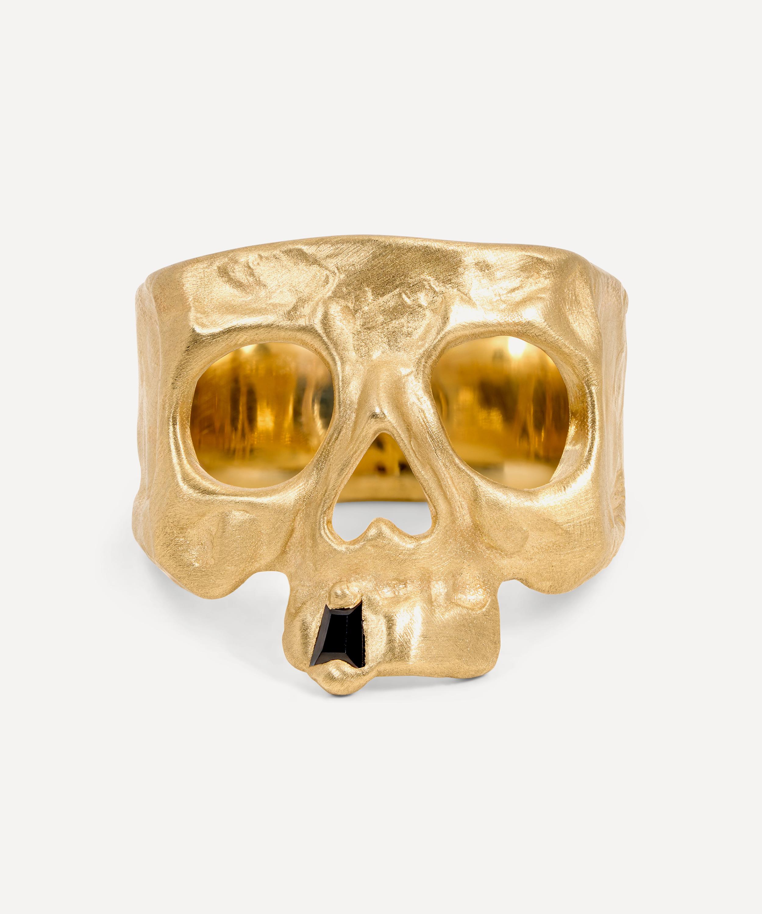 Polly Wales - 18ct Gold Black Sapphire Snaggletooth Skull Ring