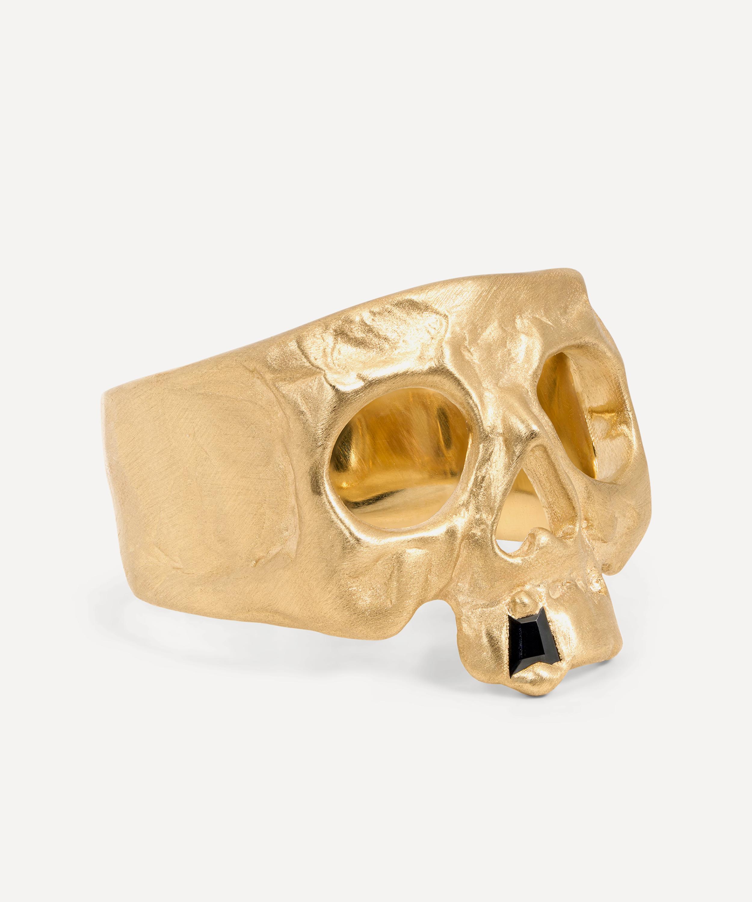 Polly Wales - 18ct Gold Black Sapphire Snaggletooth Skull Ring image number 1