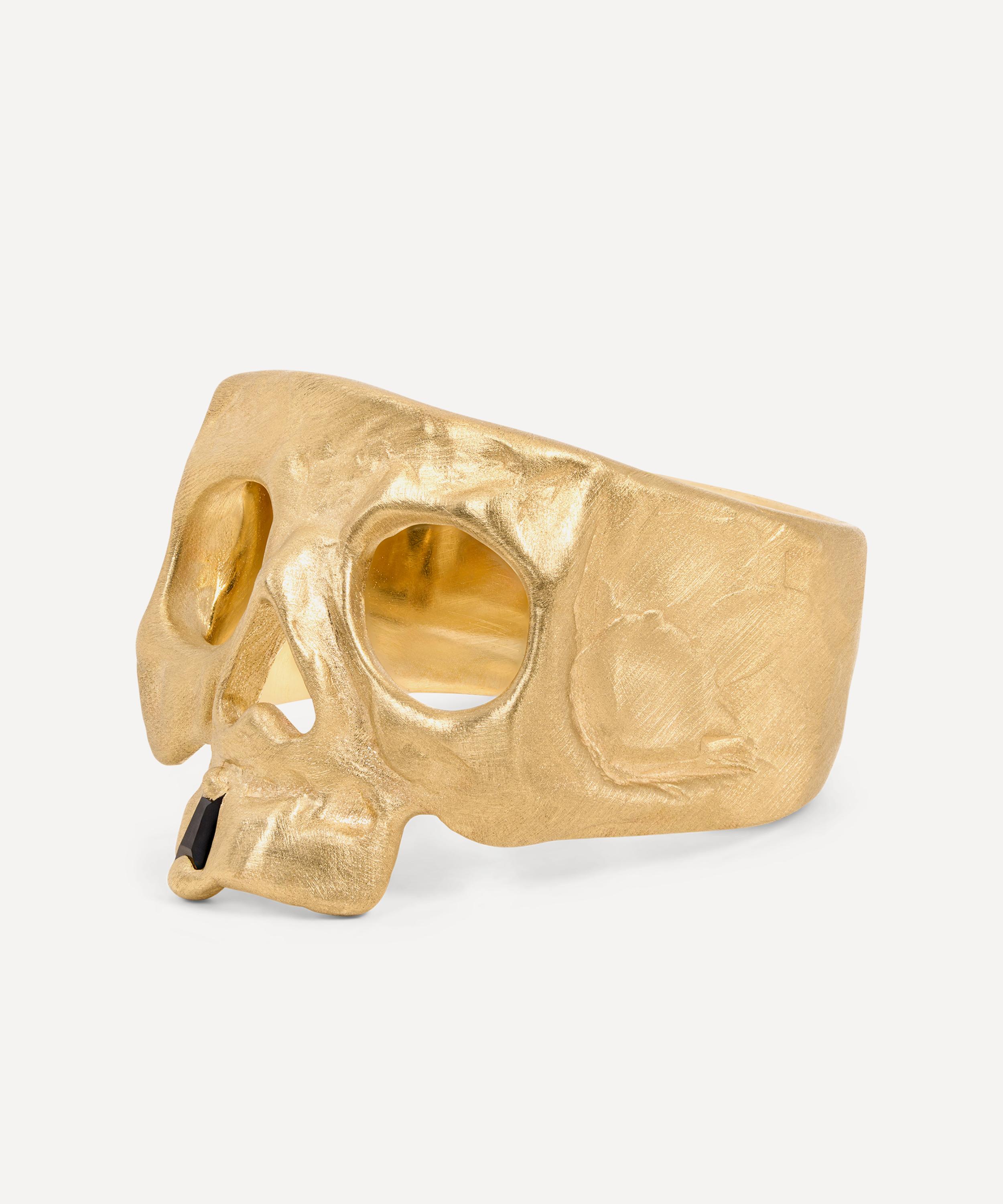 Polly Wales - 18ct Gold Black Sapphire Snaggletooth Skull Ring image number 2