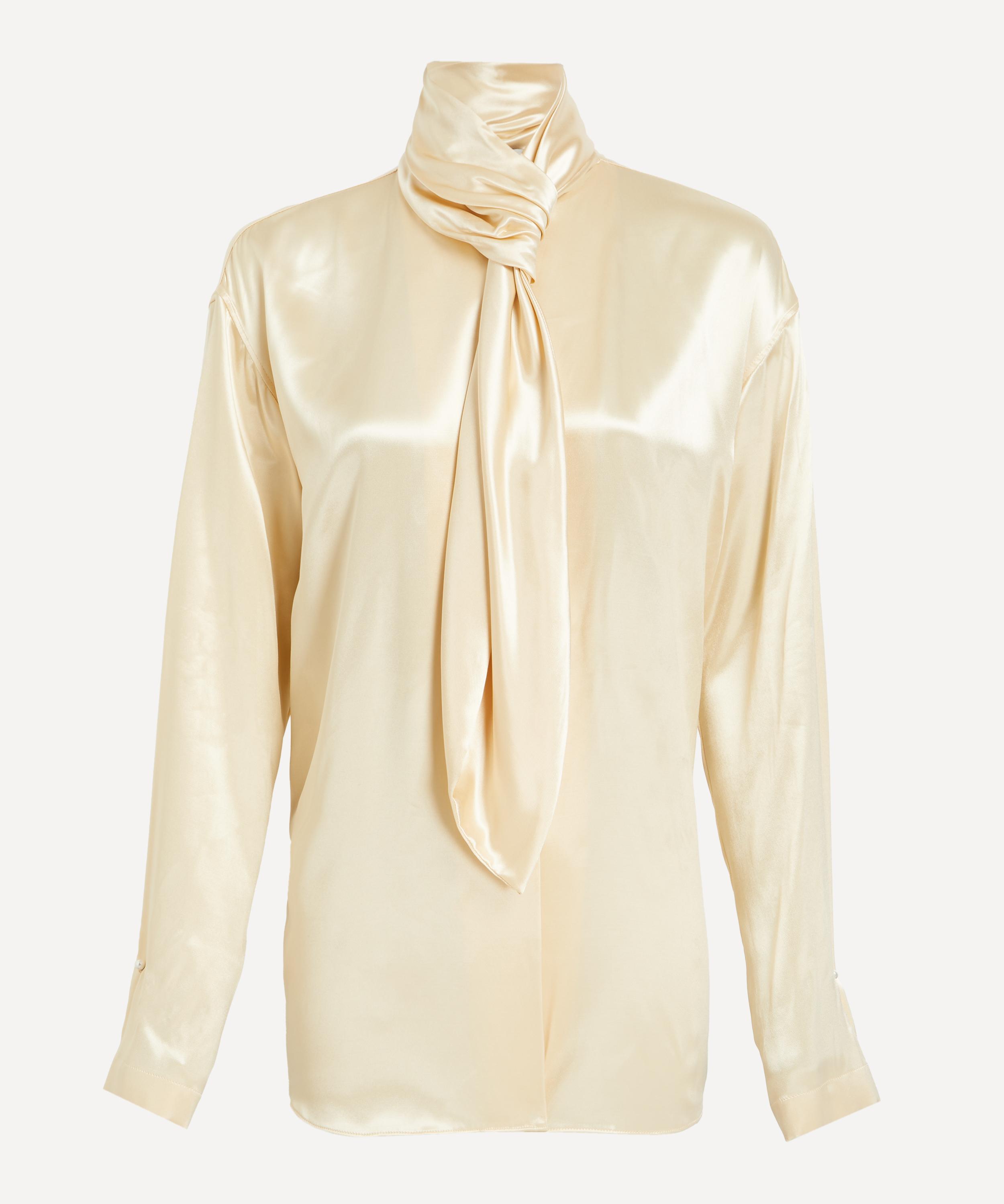 Alberta Ferretti - Cream Yellow Glossy Satin Shirt with Knot Tie