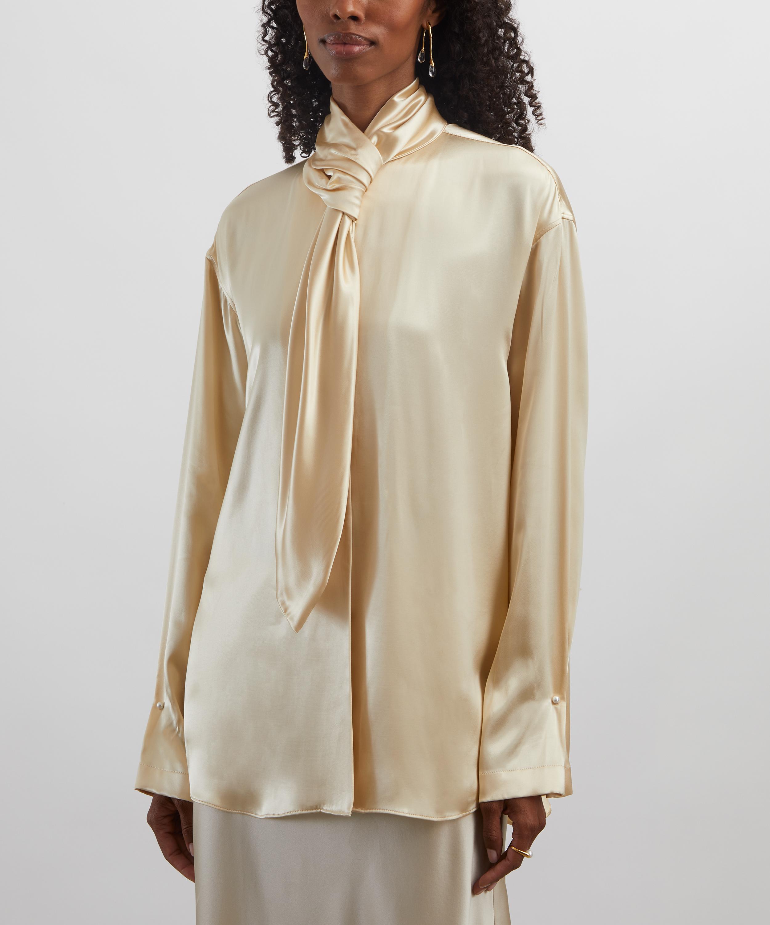 Alberta Ferretti - Cream Yellow Glossy Satin Shirt with Knot Tie image number 2