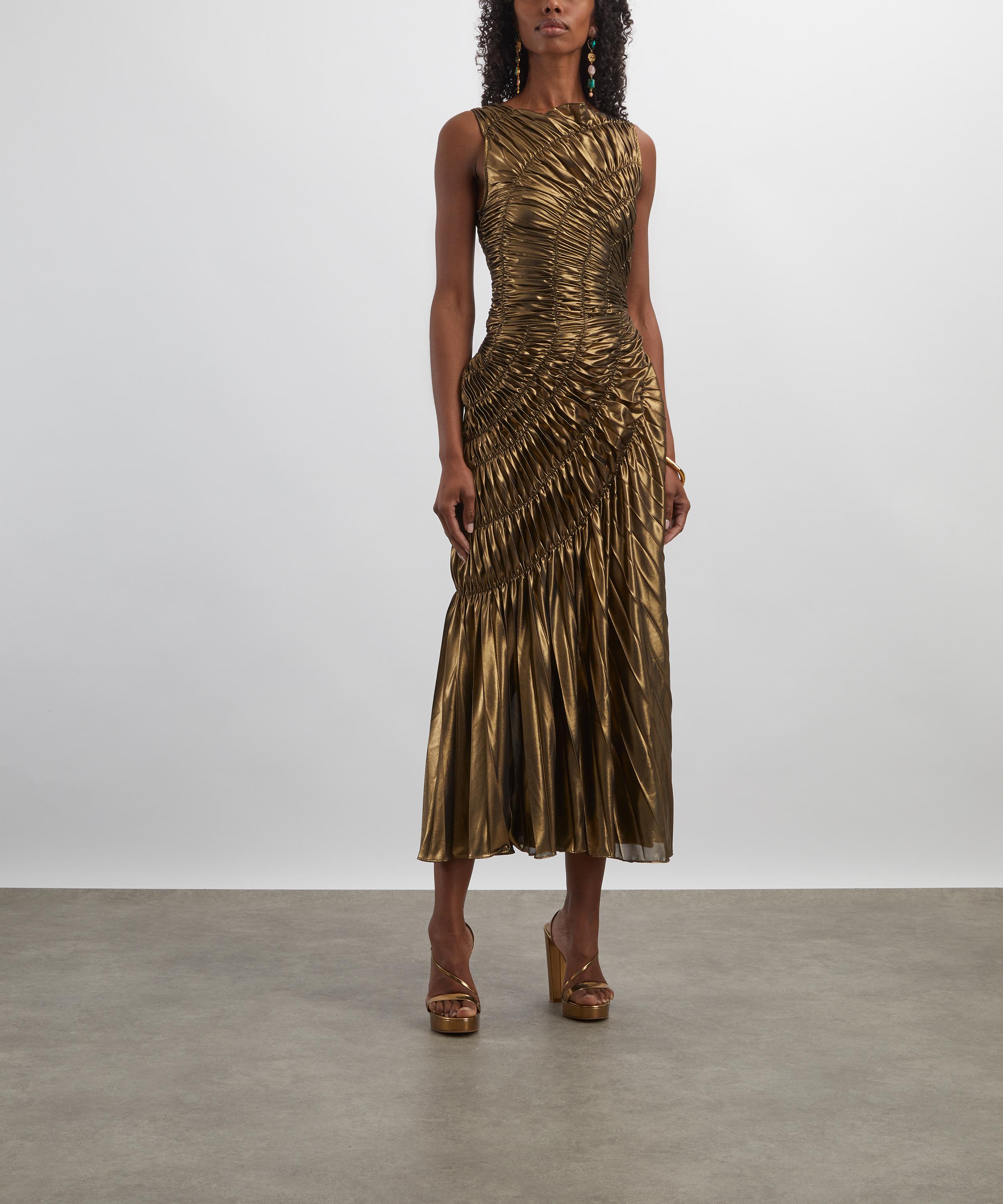 Georgia Hardinge - Dark Gold Fossil Pleated Metallic Dress image number 2