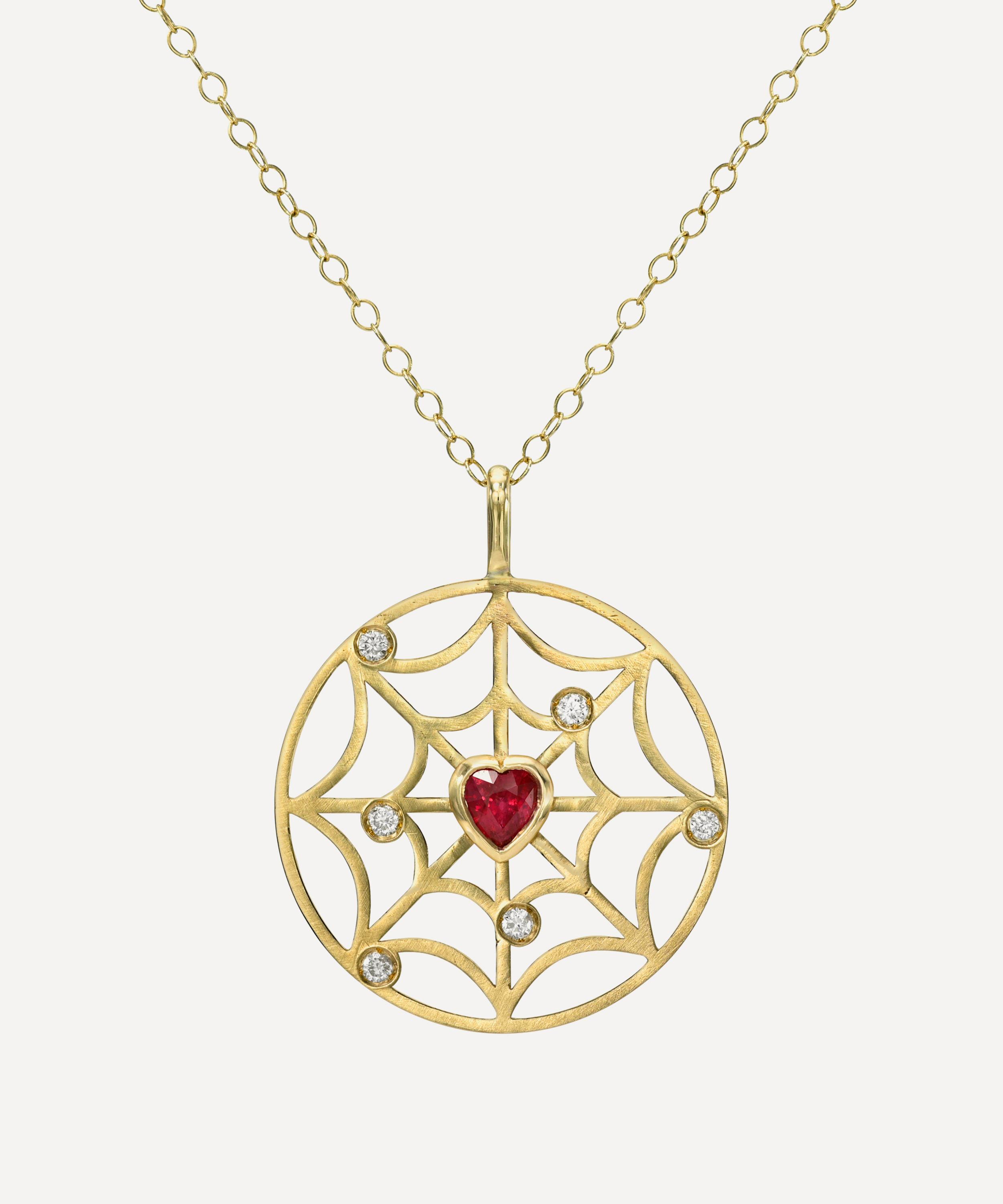 Rachel Quinn - 14ct Gold Diamond and Ruby Spider Web Pendant Necklace image number 0