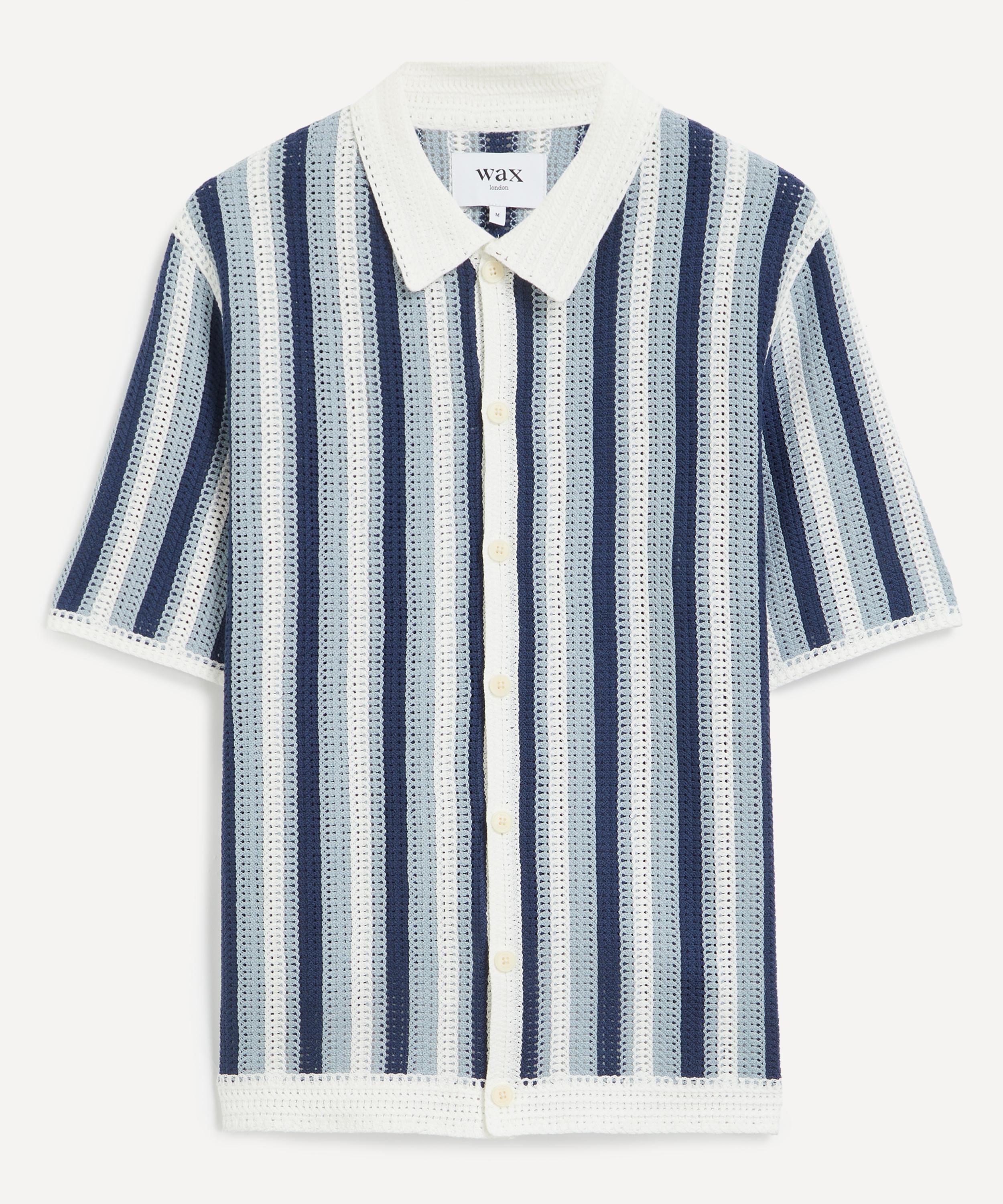 Wax London - Porto Blue And Ecru Stripe Crochet Knitted Polo Shirt