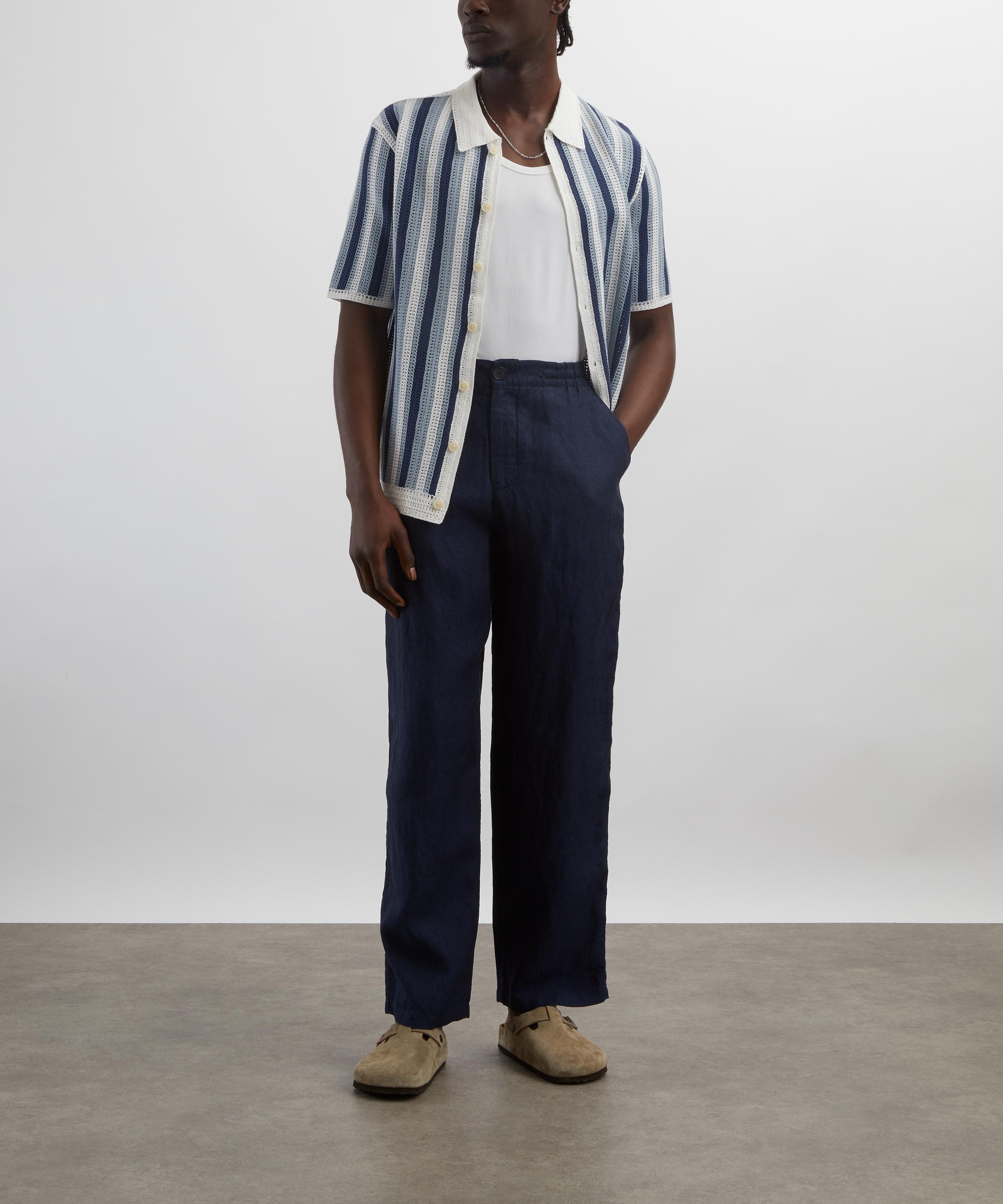 Wax London - Porto Blue And Ecru Stripe Crochet Knitted Polo Shirt image number 1