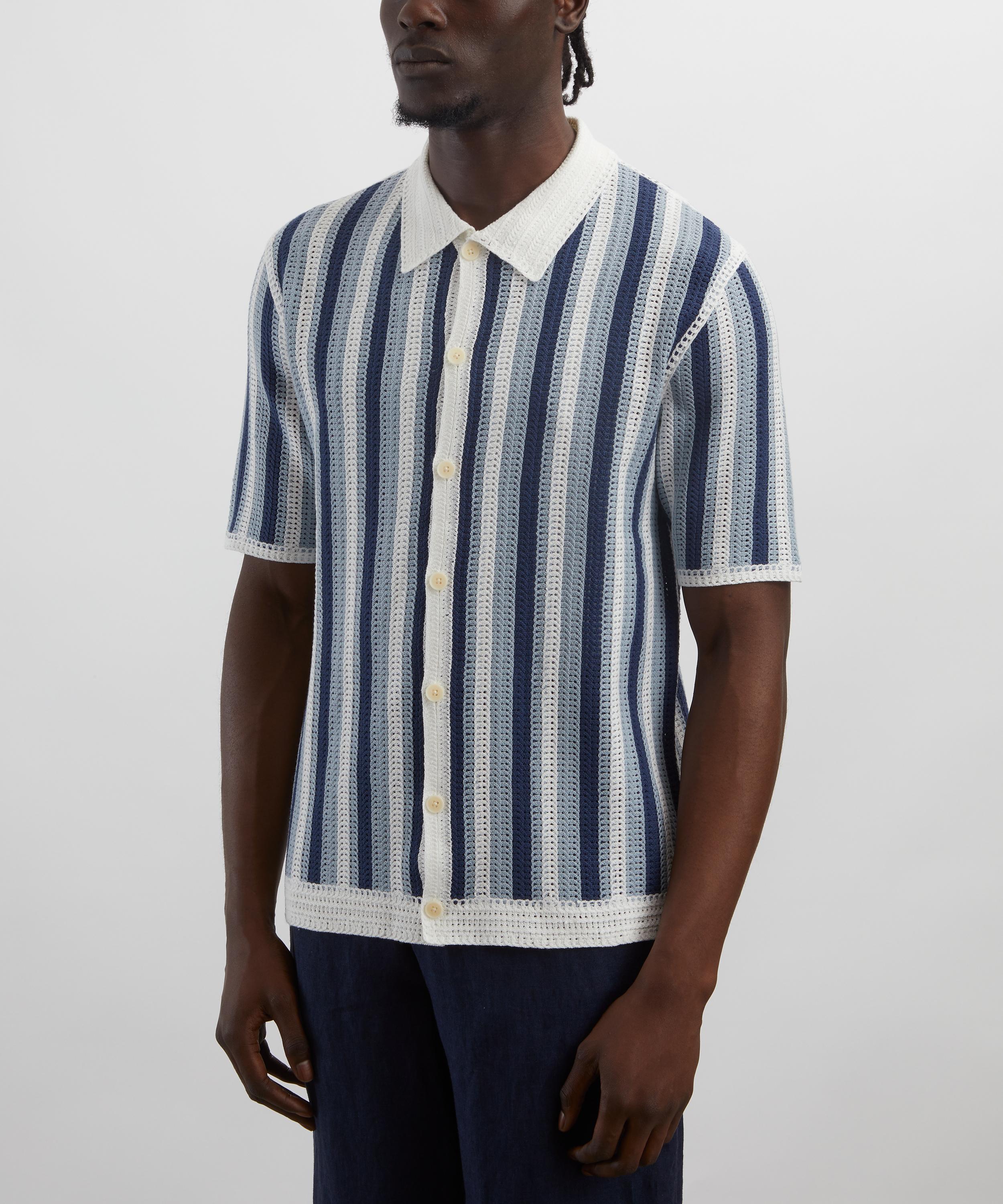 Wax London - Porto Blue And Ecru Stripe Crochet Knitted Polo Shirt image number 2