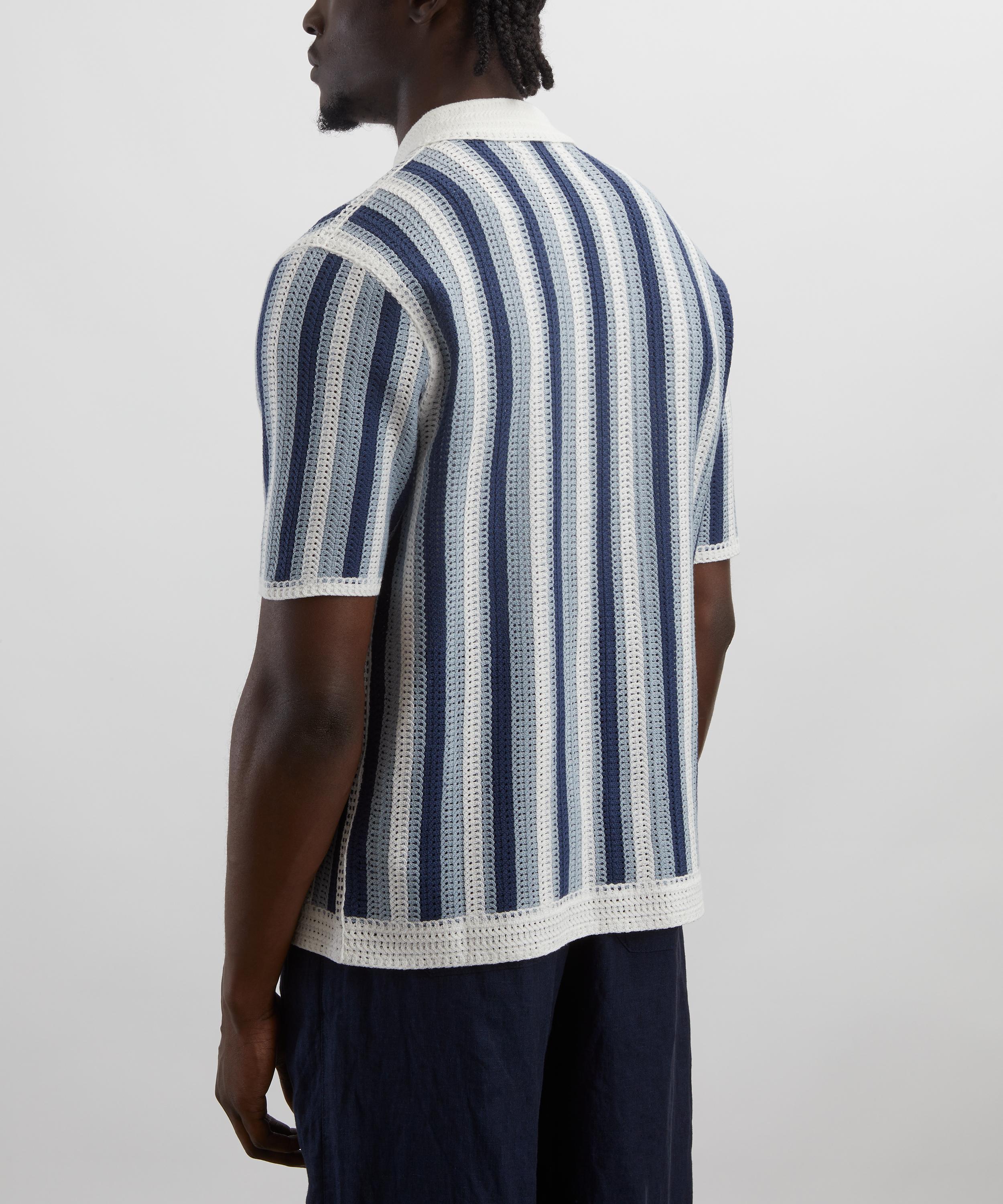 Wax London - Porto Blue And Ecru Stripe Crochet Knitted Polo Shirt image number 3