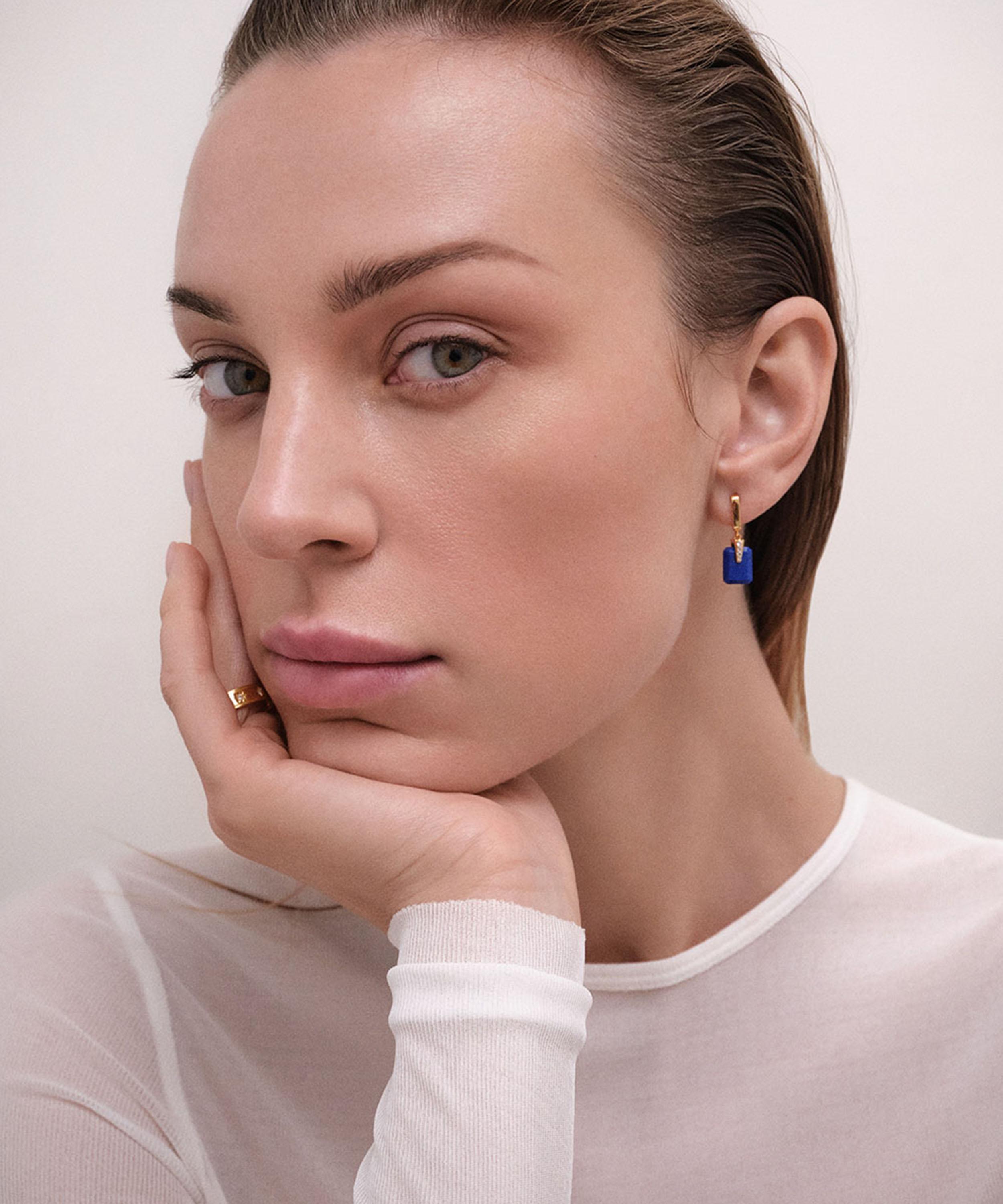 Astley Clarke - Gold Deco Lapis Huggie Drop Earrings image number 2