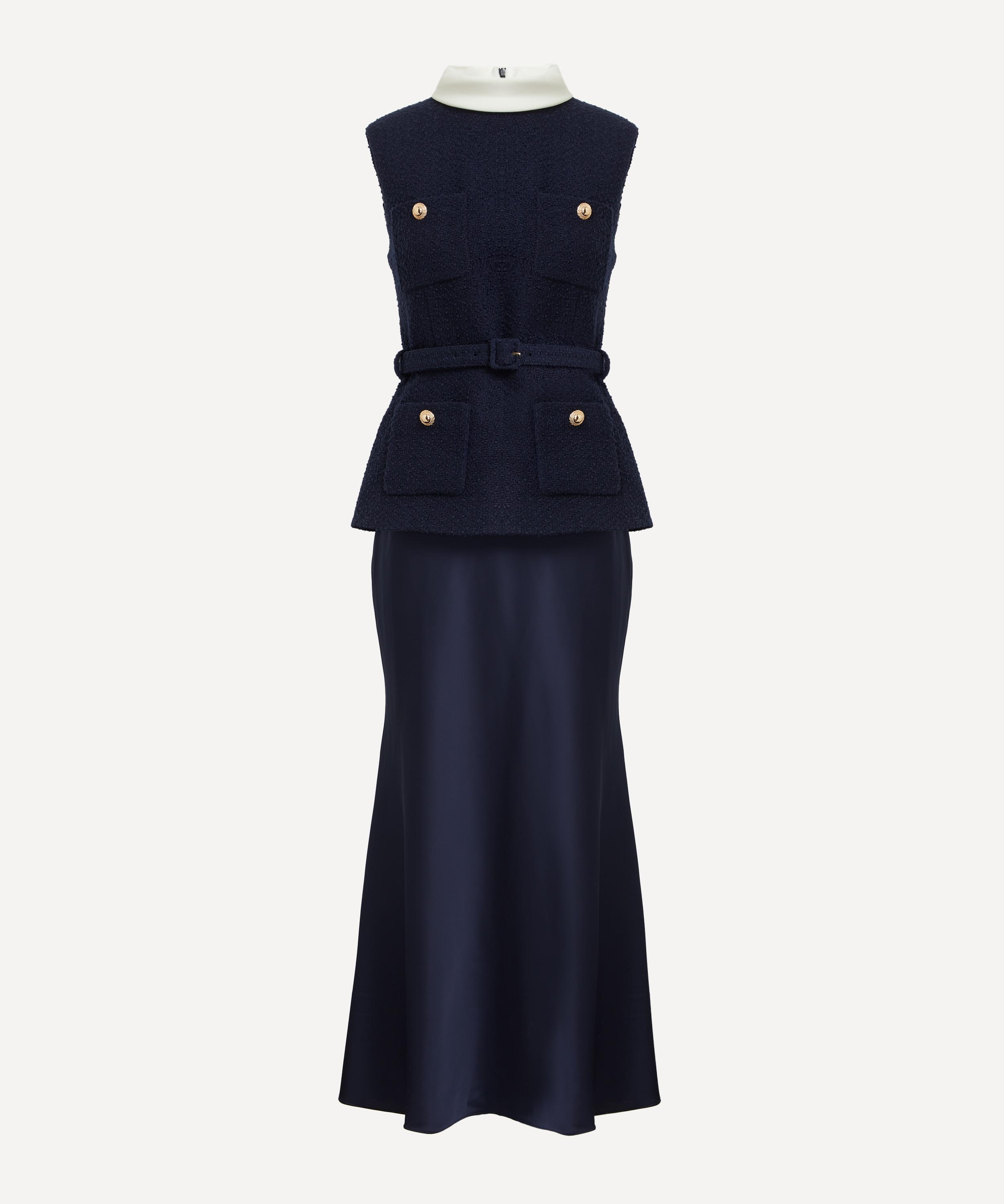 Self-Portrait - Navy Bouclé Sleeveless Midi Dress image number 0