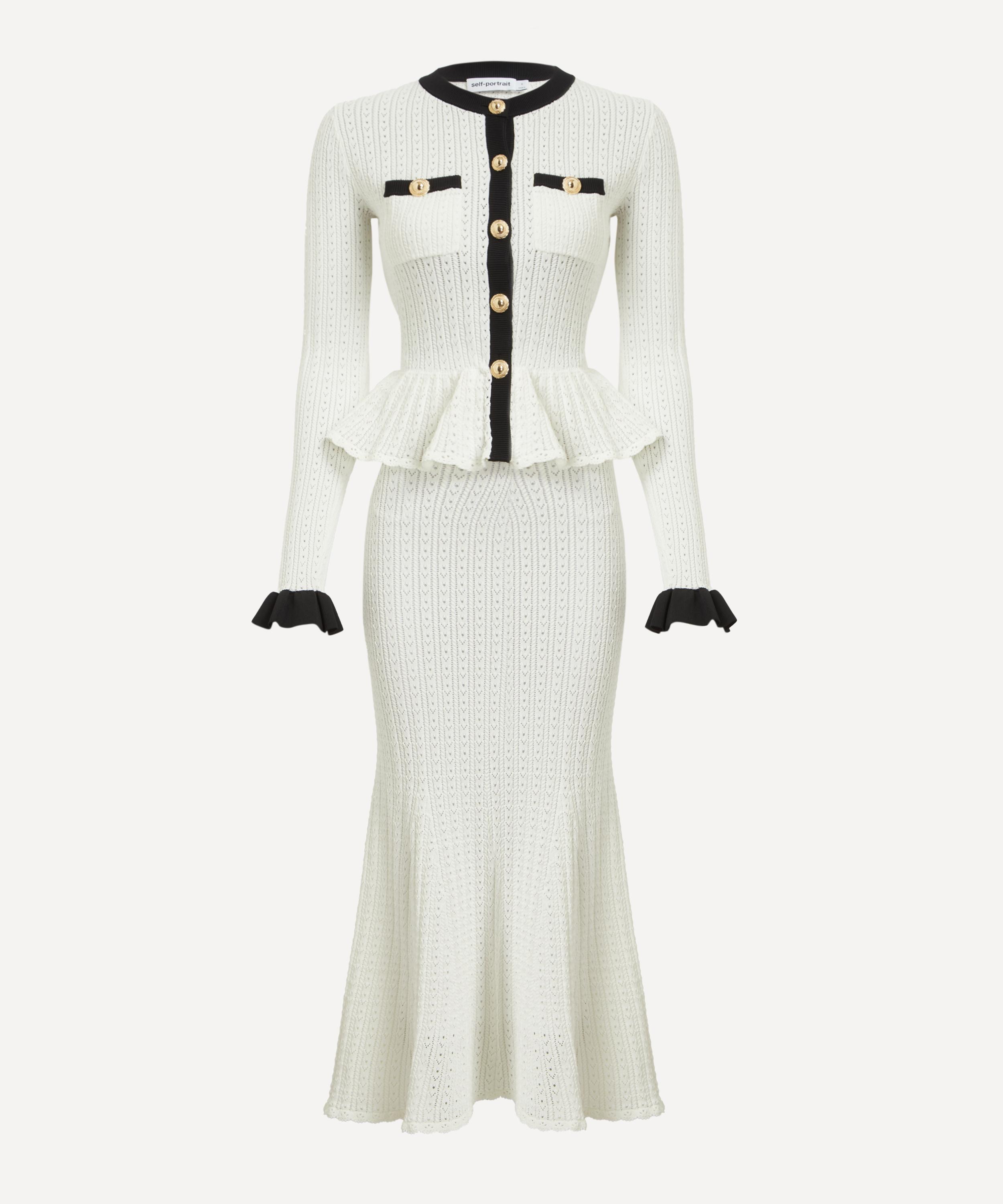 Self-Portrait - White Pointelle Knit Contrast Midi Dress image number 0