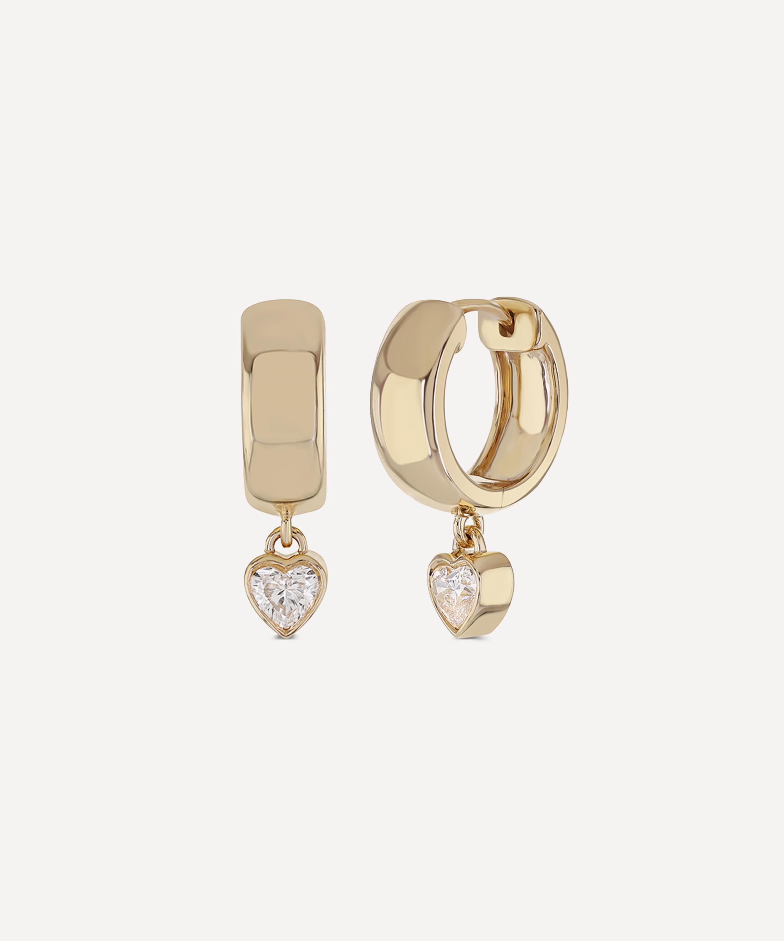 Roxanne First - 14ct Gold Diamond Everyday Heart Drop Hoop Earrings image number 0