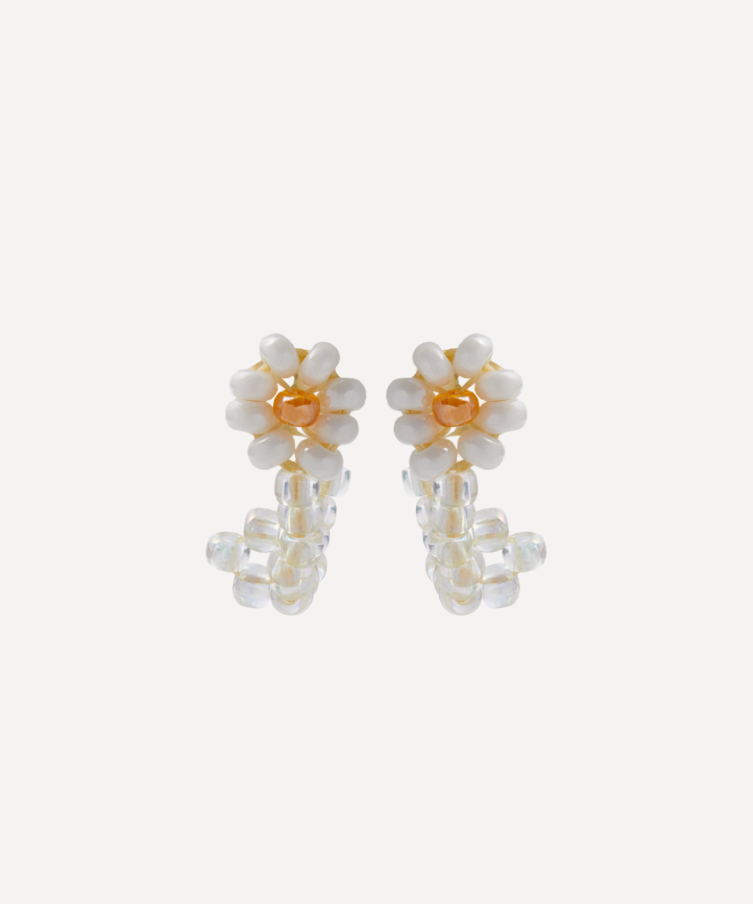 Pura Utz - Sterling Silver White Flor Beaded Huggie Hoop Earrings