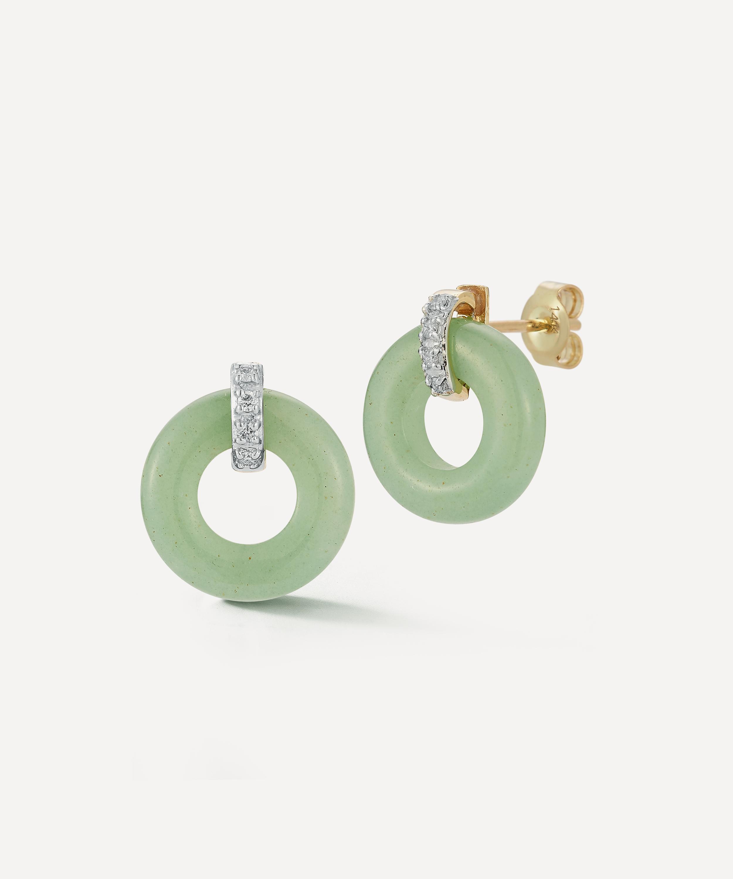 Mateo - 14ct Gold Jade Donut and Diamond Door Knocker Stud Earrings image number 1