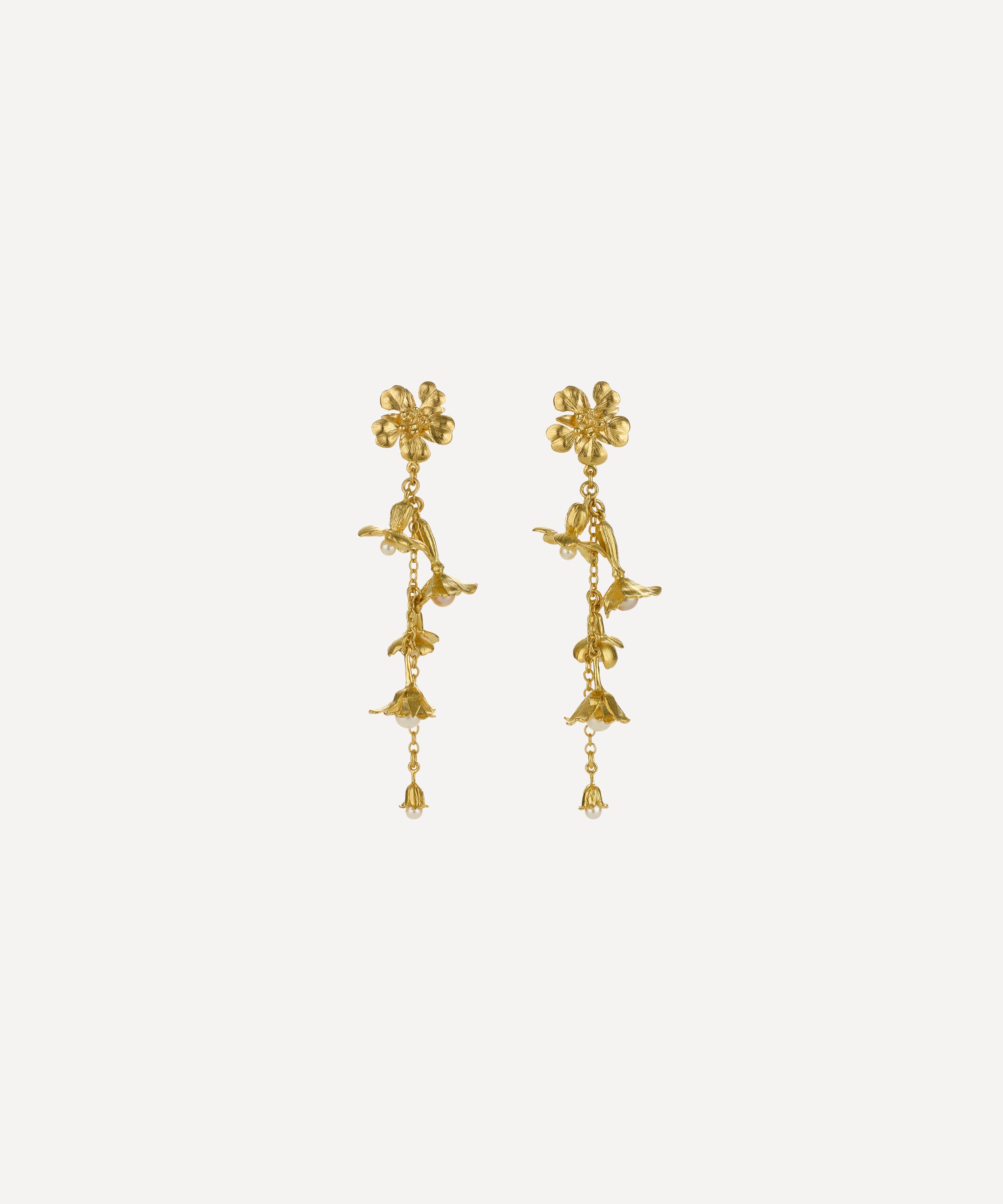 Alex Monroe - 22ct Gold-Plated Tumbling Wildflower Pearl Drop Earrings image number 0
