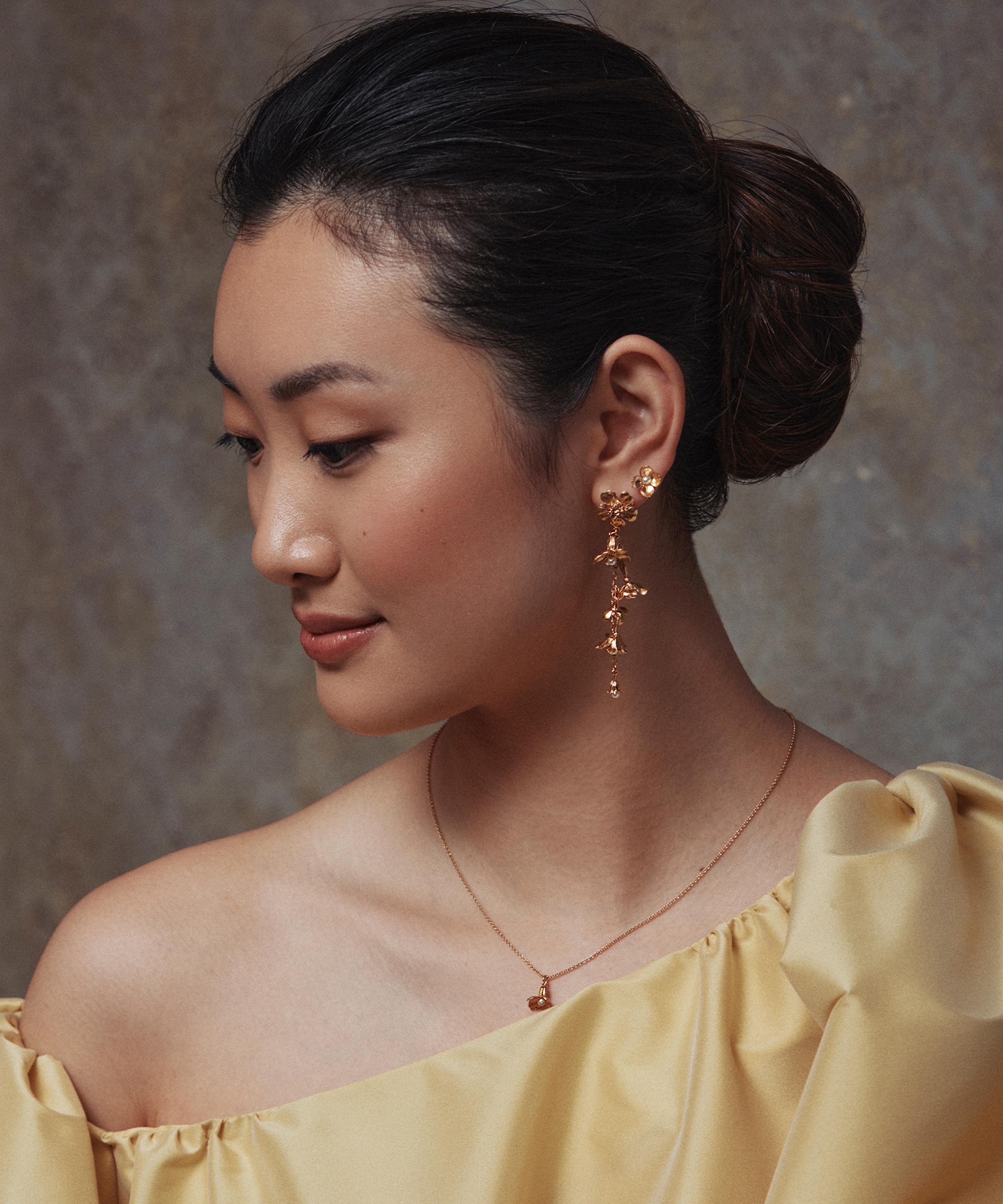 Alex Monroe - 22ct Gold-Plated Tumbling Wildflower Pearl Drop Earrings image number 1