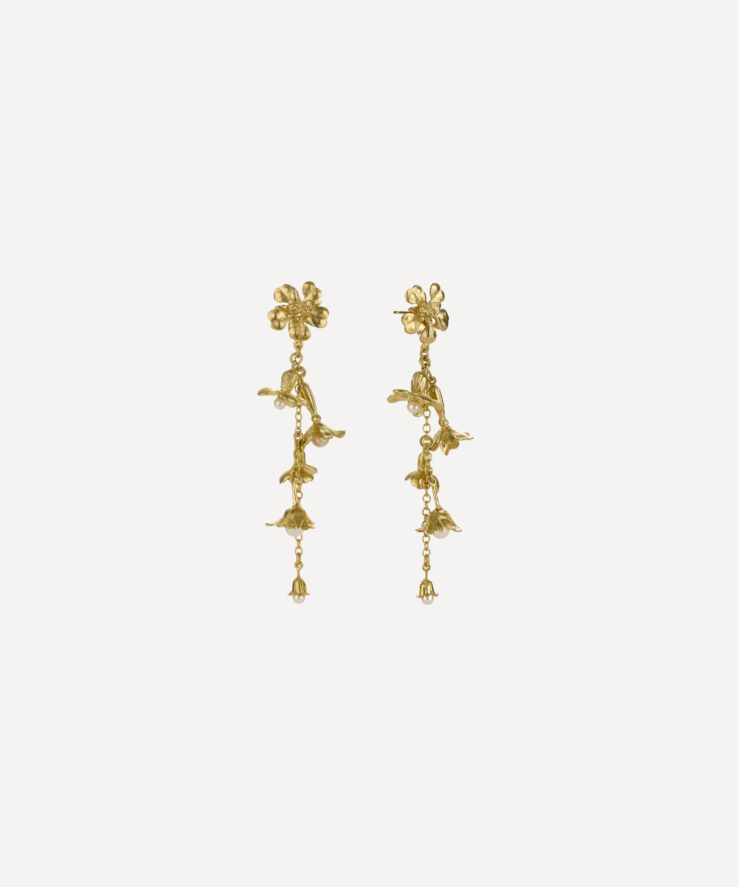 Alex Monroe - 22ct Gold-Plated Tumbling Wildflower Pearl Drop Earrings image number 2