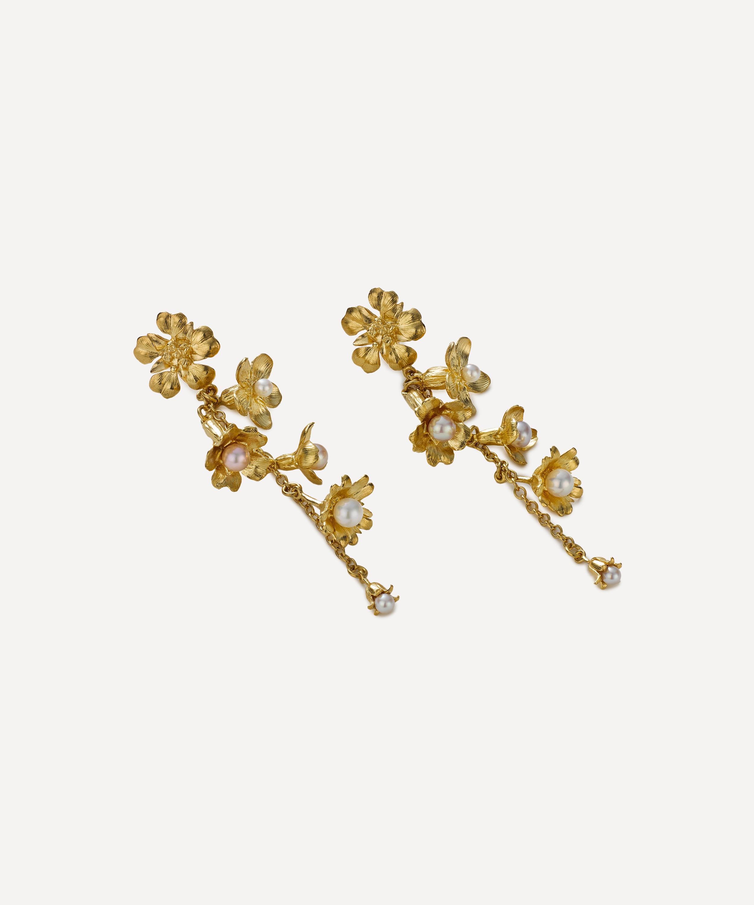 Alex Monroe - 22ct Gold-Plated Tumbling Wildflower Pearl Drop Earrings image number 3