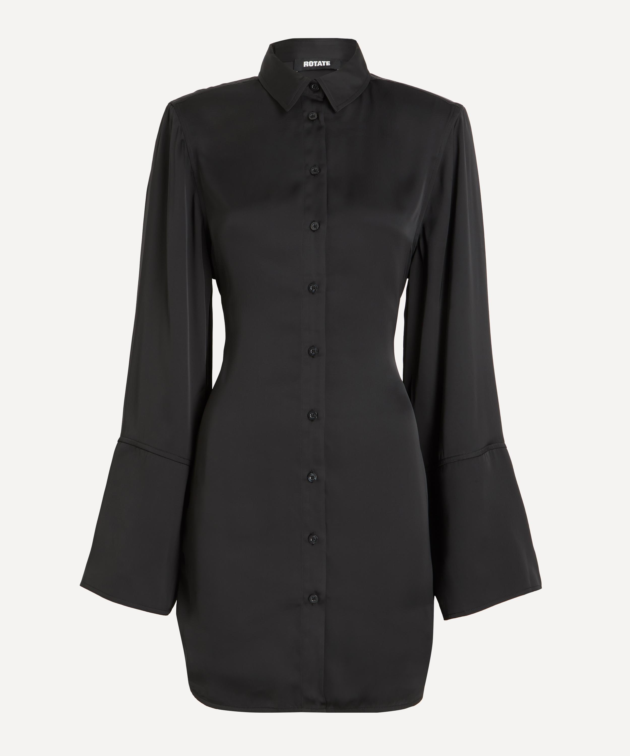 ROTATE Birger Christensen - Black Satin Tie Shirt Dress