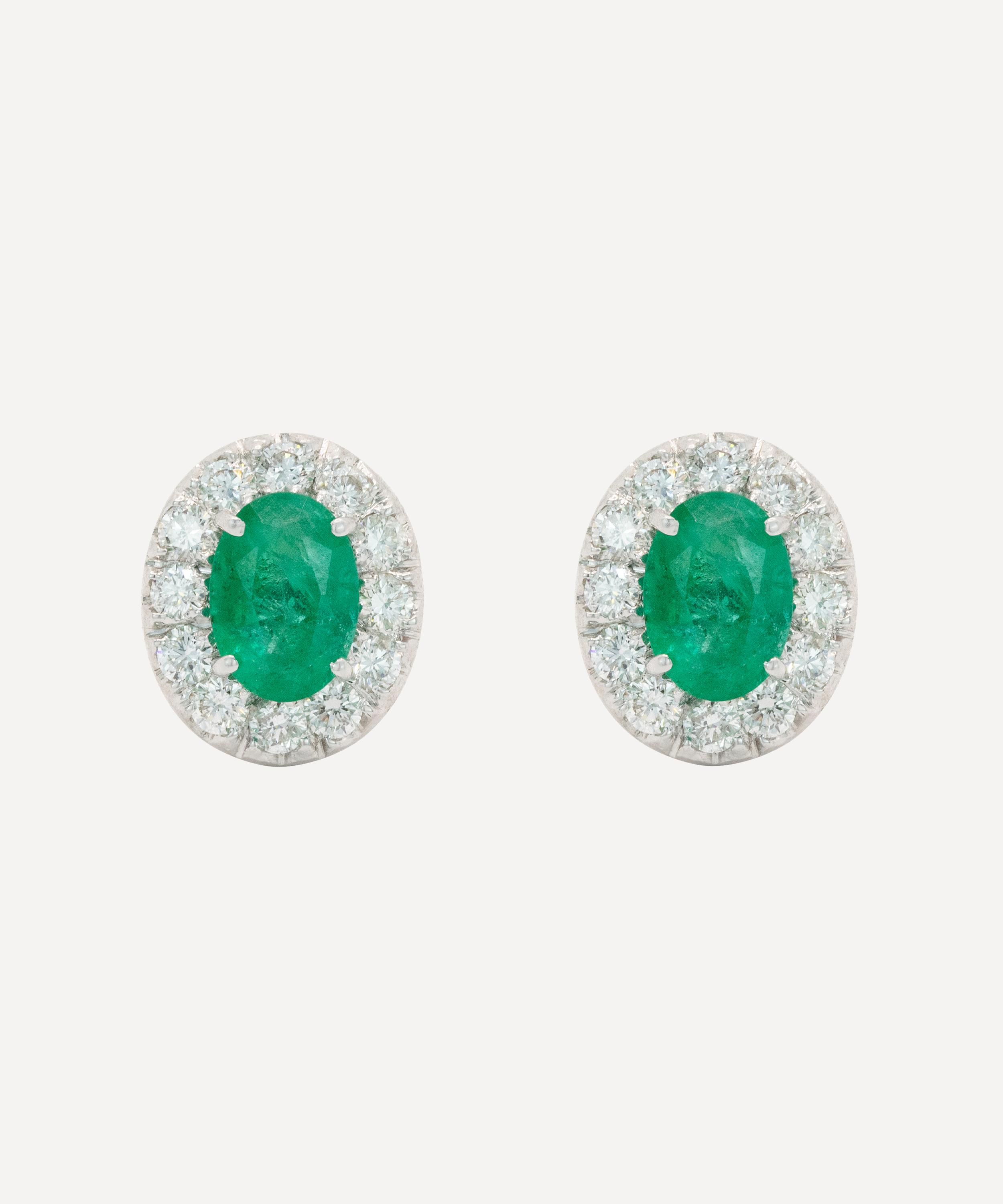 Kojis - 18ct White Gold Emerald and Diamond Halo Cluster Stud Earrings image number 0