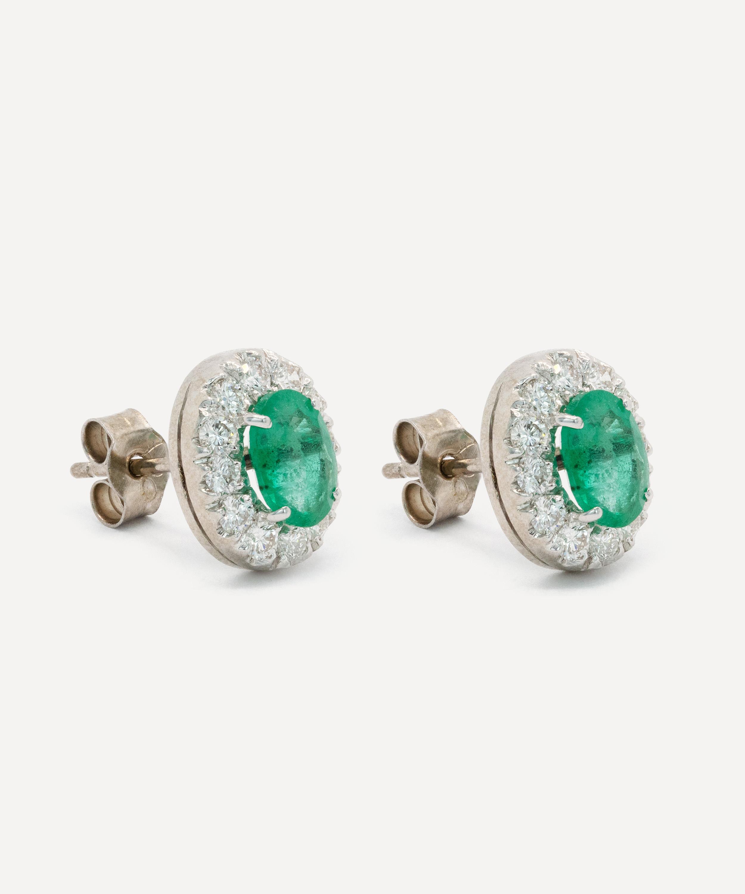 Kojis - 18ct White Gold Emerald and Diamond Halo Cluster Stud Earrings image number 1