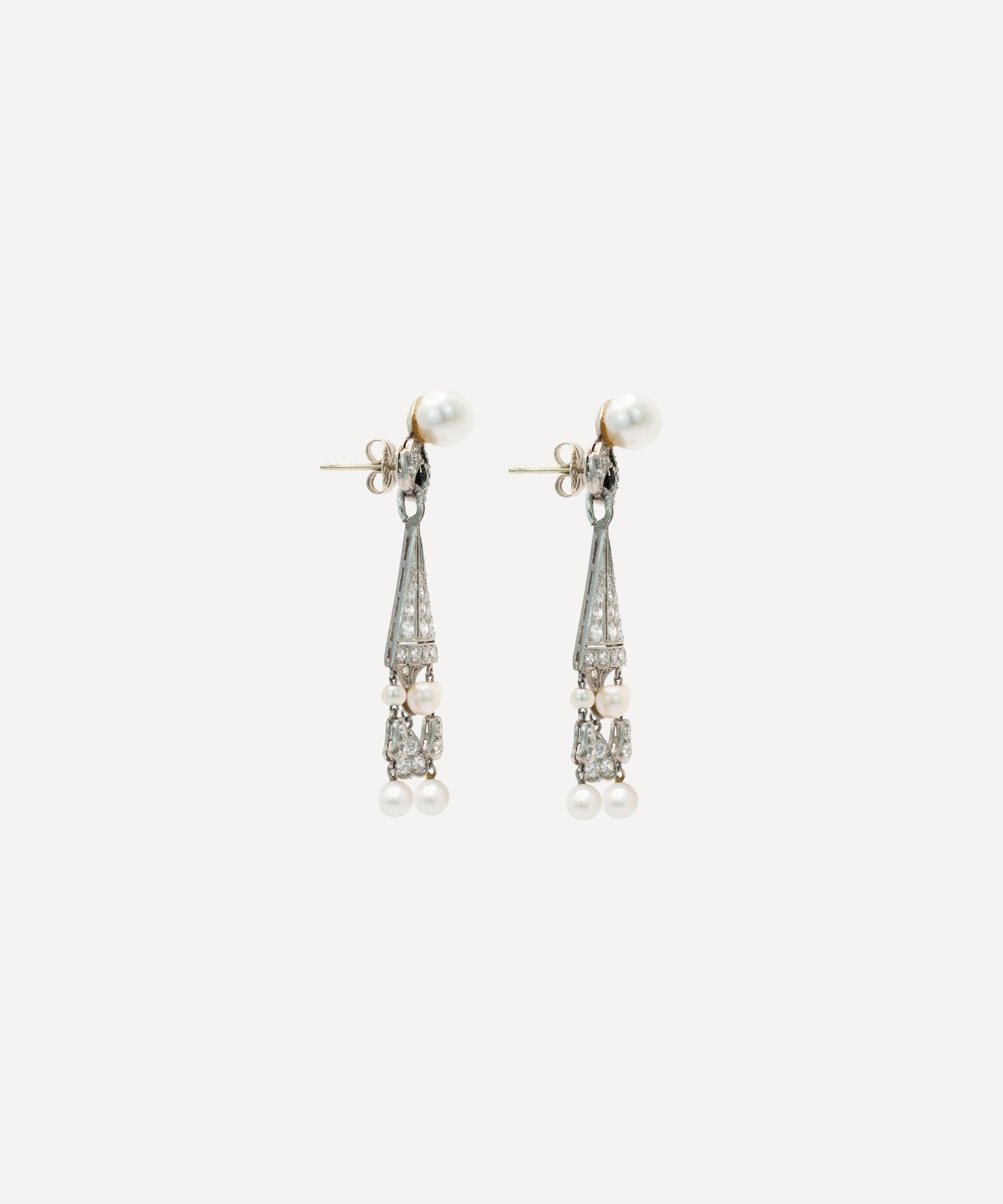 Kojis - Platinum Antique Pearl and Diamond Drop Earrings image number 1