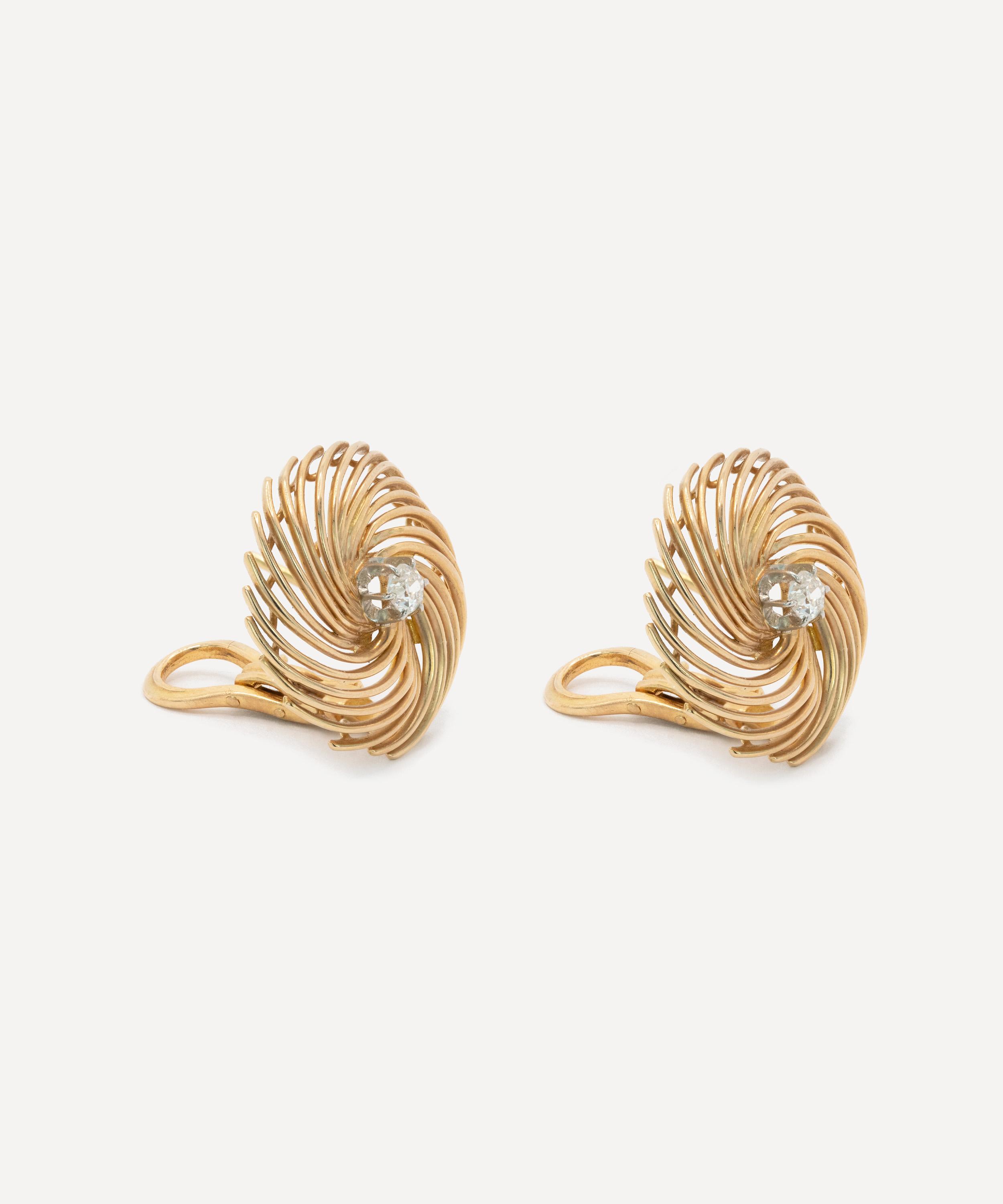 Kojis - 18ct Gold Retro Diamond Swirl Stud Earrings image number 1