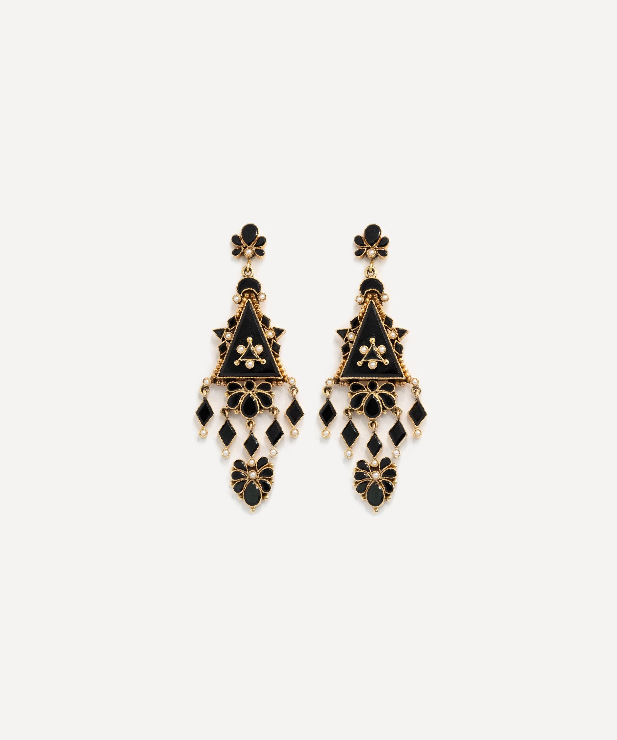 Kojis - 14ct Gold Victorian Onyx and Pearl Drop Earrings image number 0