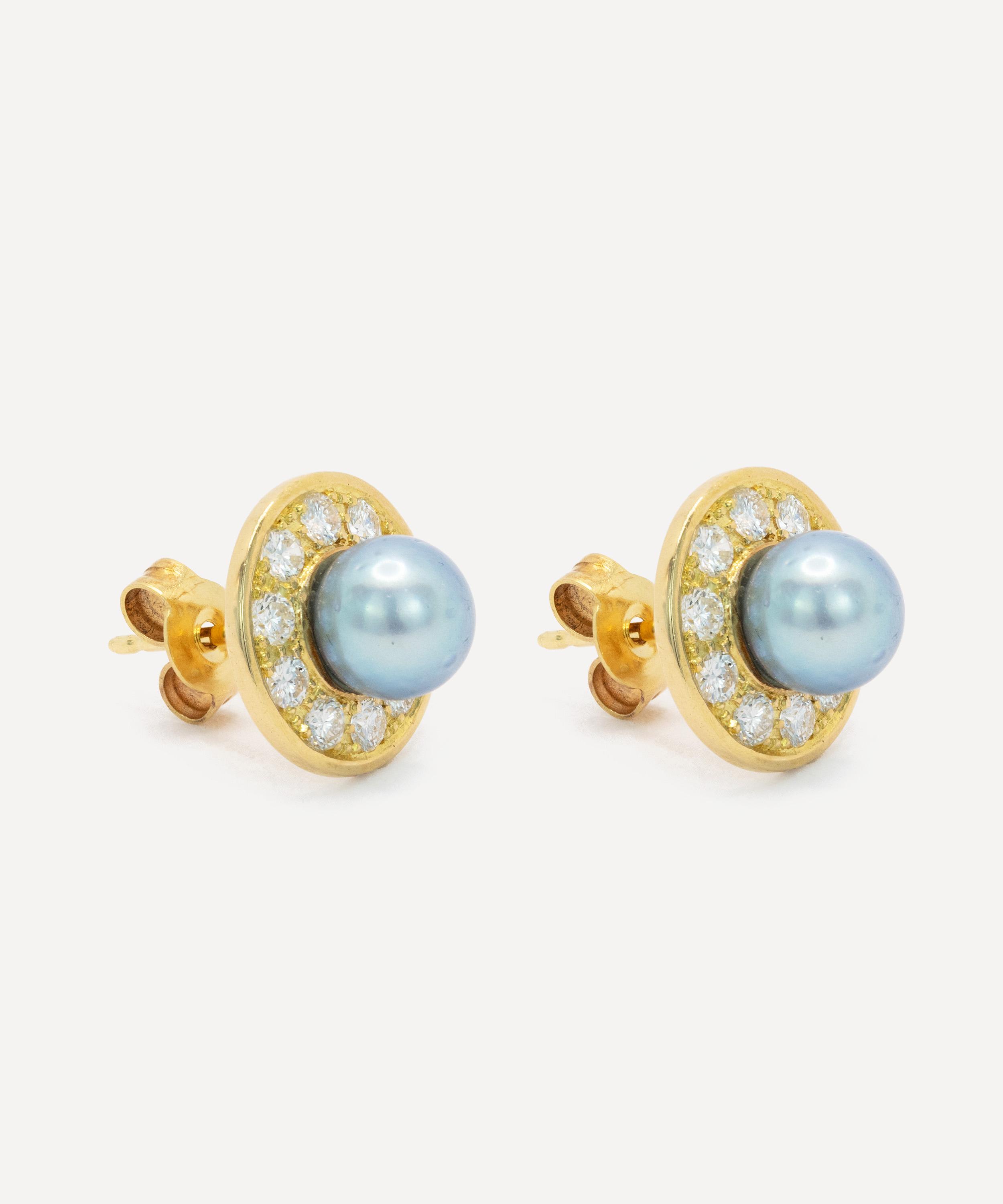 Kojis - 18ct Gold Grey Pearl and Diamond Cluster Stud Earrings image number 1