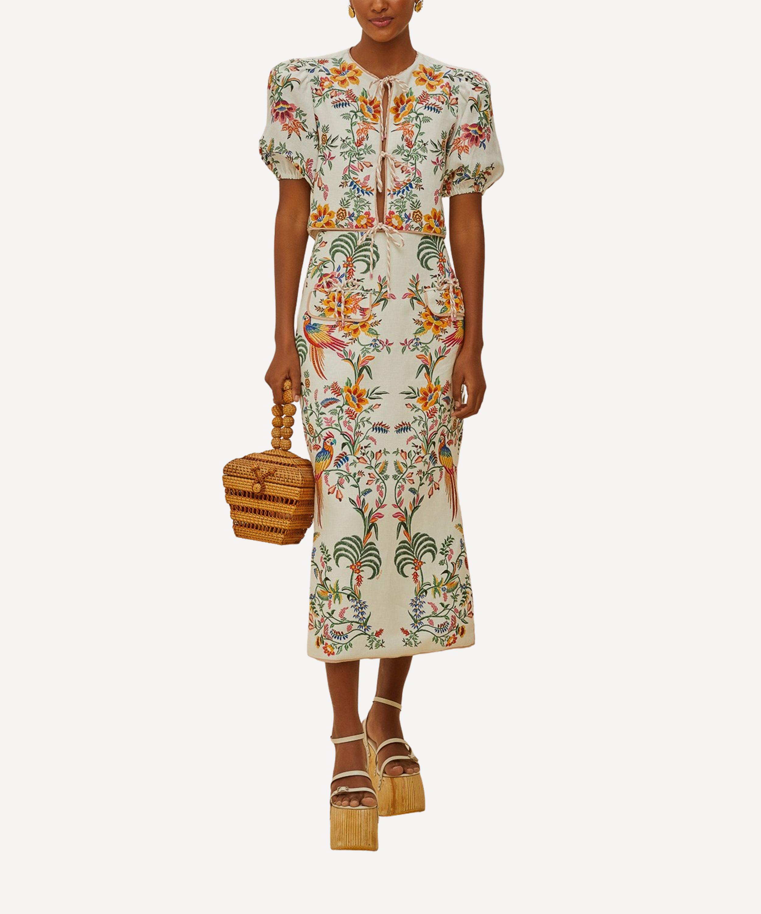FARM Rio - Off-White Delicate Forest Linen Midi Skirt image number 0