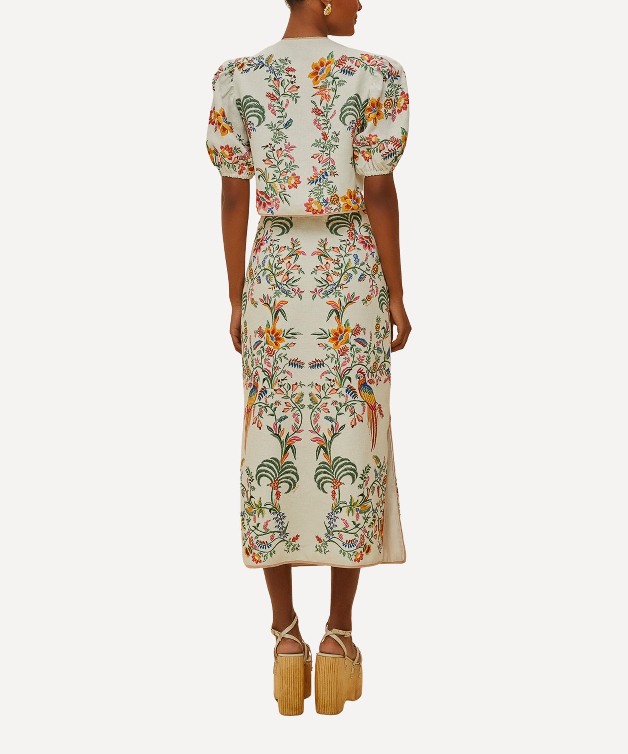 FARM Rio - Off-White Delicate Forest Linen Midi Skirt image number 1