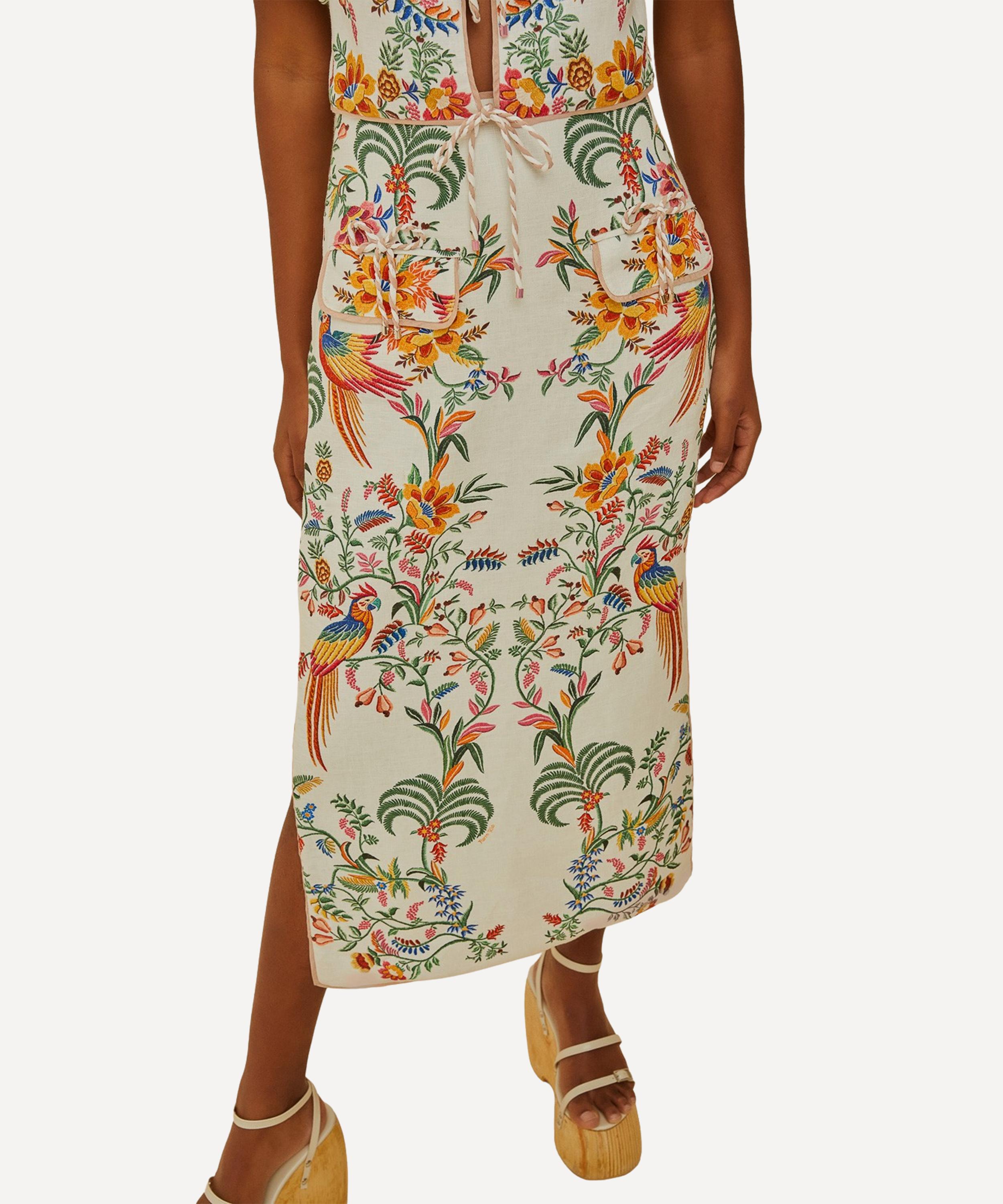 FARM Rio - Off-White Delicate Forest Linen Midi Skirt image number 2