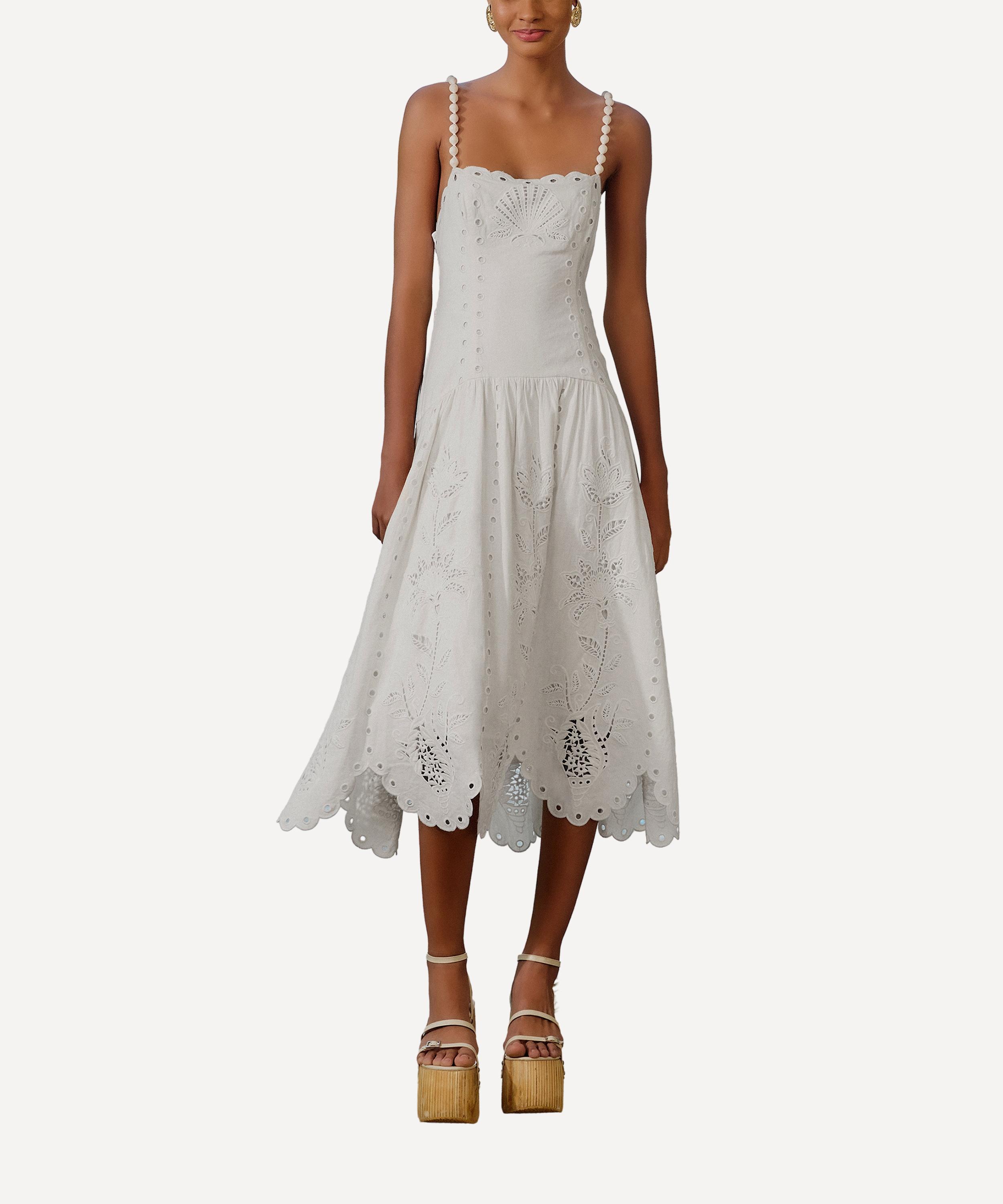 FARM Rio - Off-White Flowers Richelieu Linen Sleeveless Midi Dress image number 0