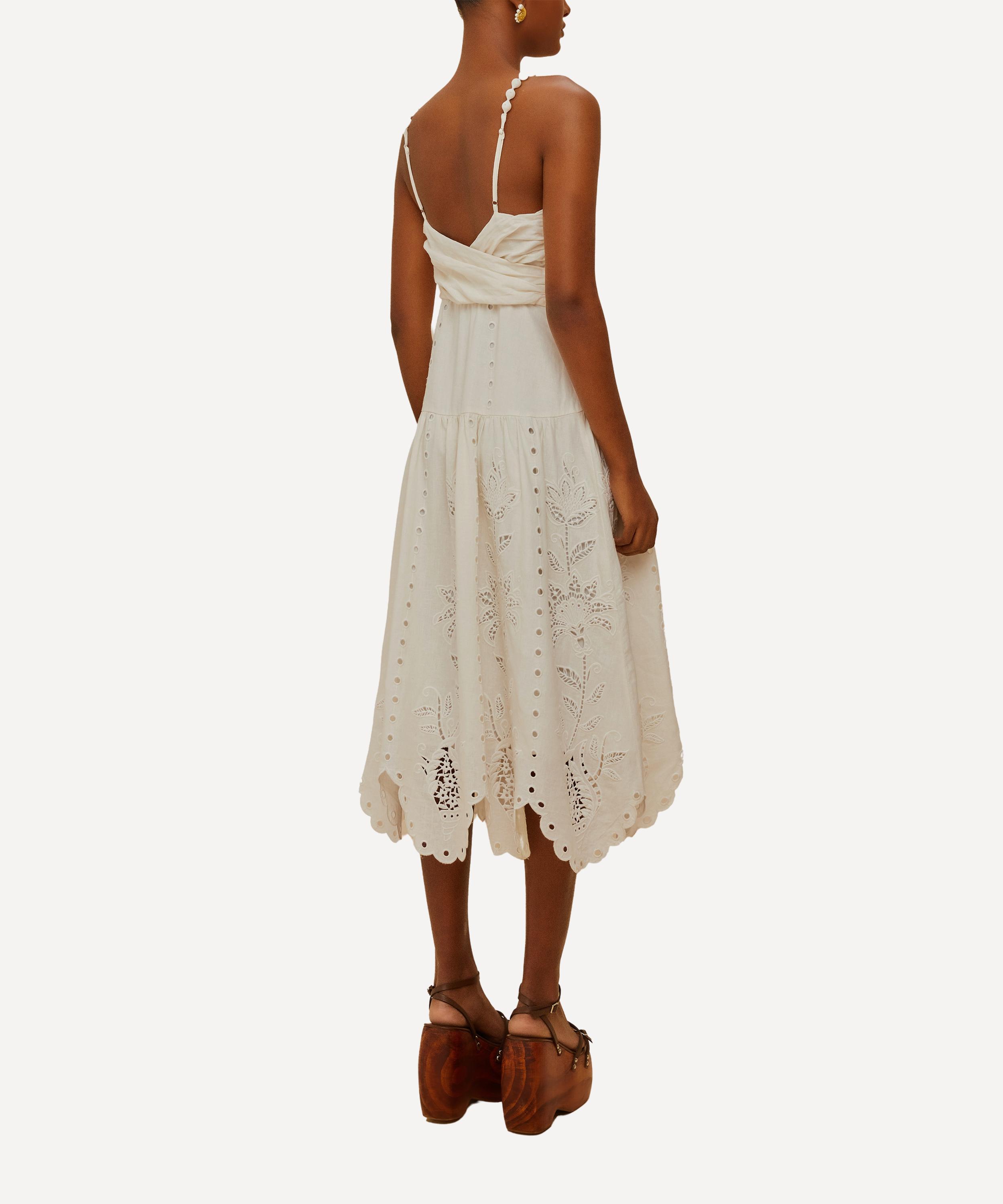 FARM Rio - Off-White Flowers Richelieu Linen Sleeveless Midi Dress image number 1