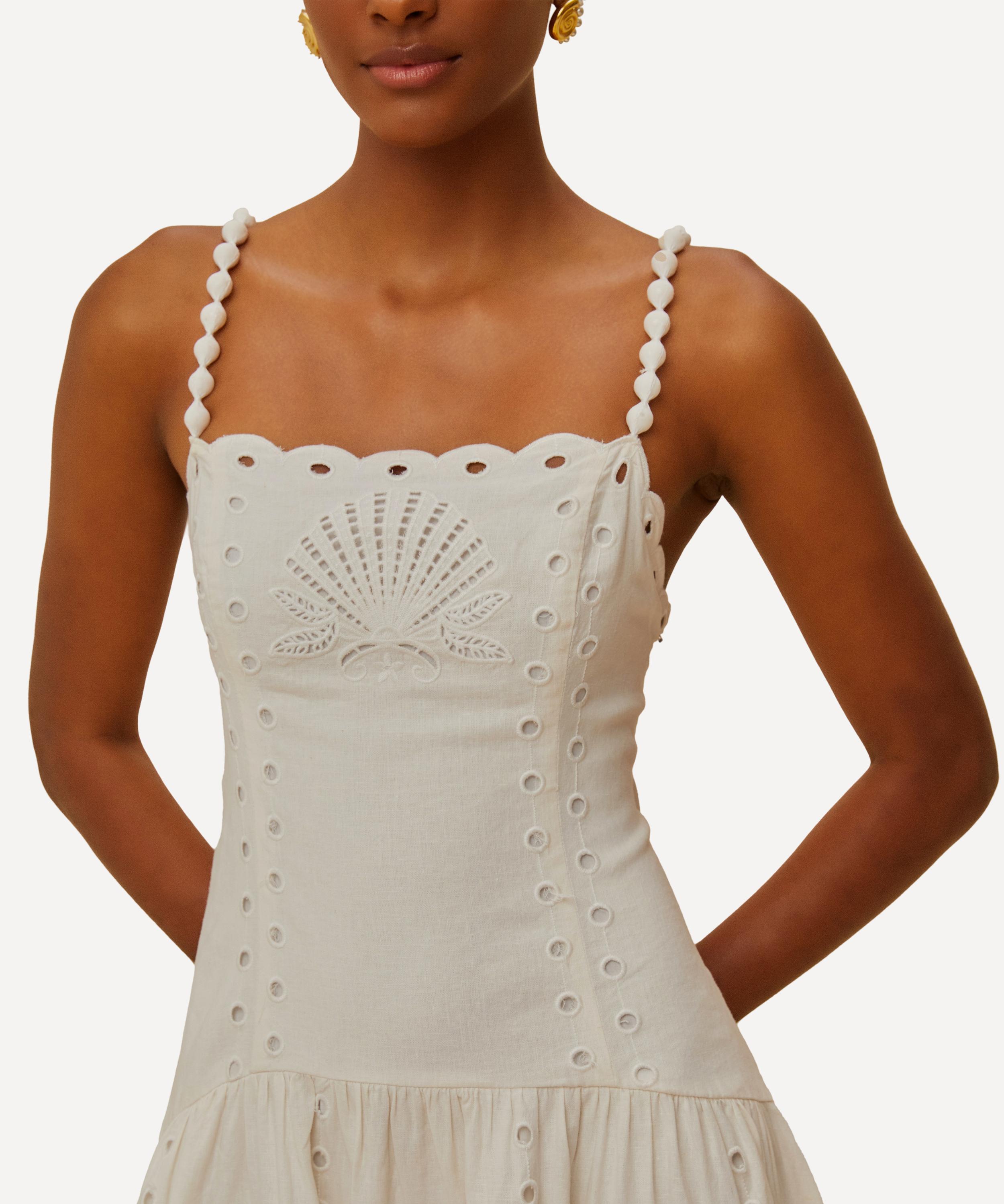 FARM Rio - Off-White Flowers Richelieu Linen Sleeveless Midi Dress image number 2