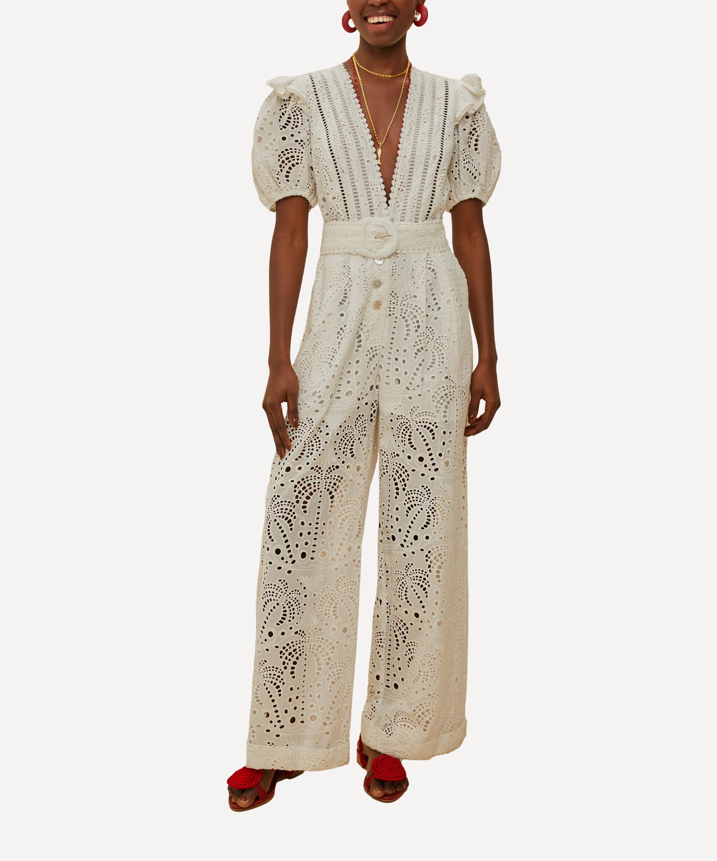 FARM Rio - Off-White Palm Tree Eyelet Jumpsuit