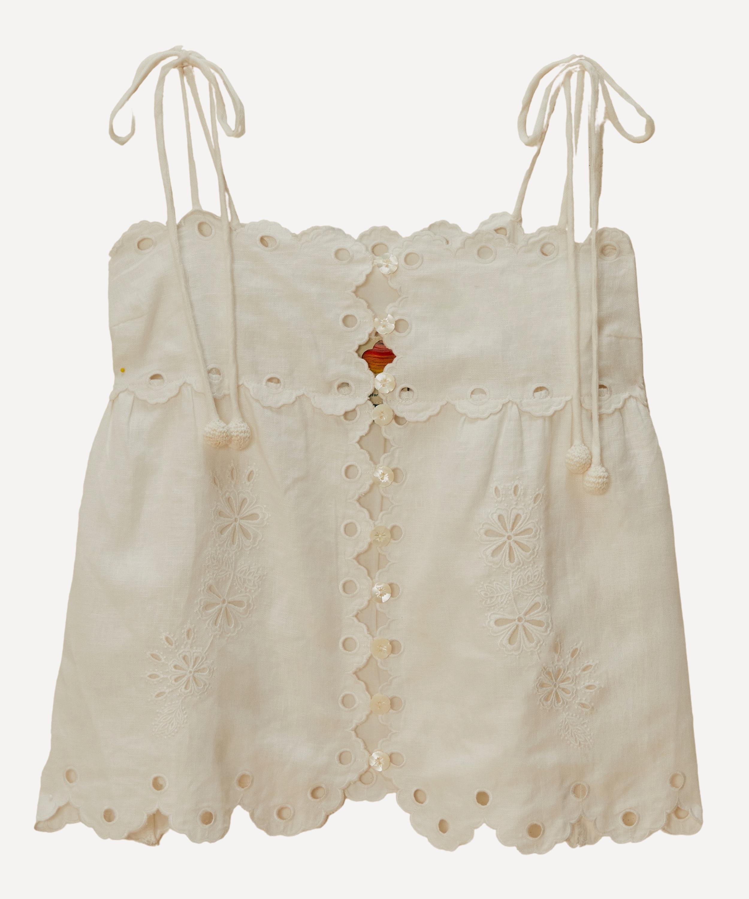 FARM Rio - Off-White Flowers Richelieu Linen Sleeveless Blouse