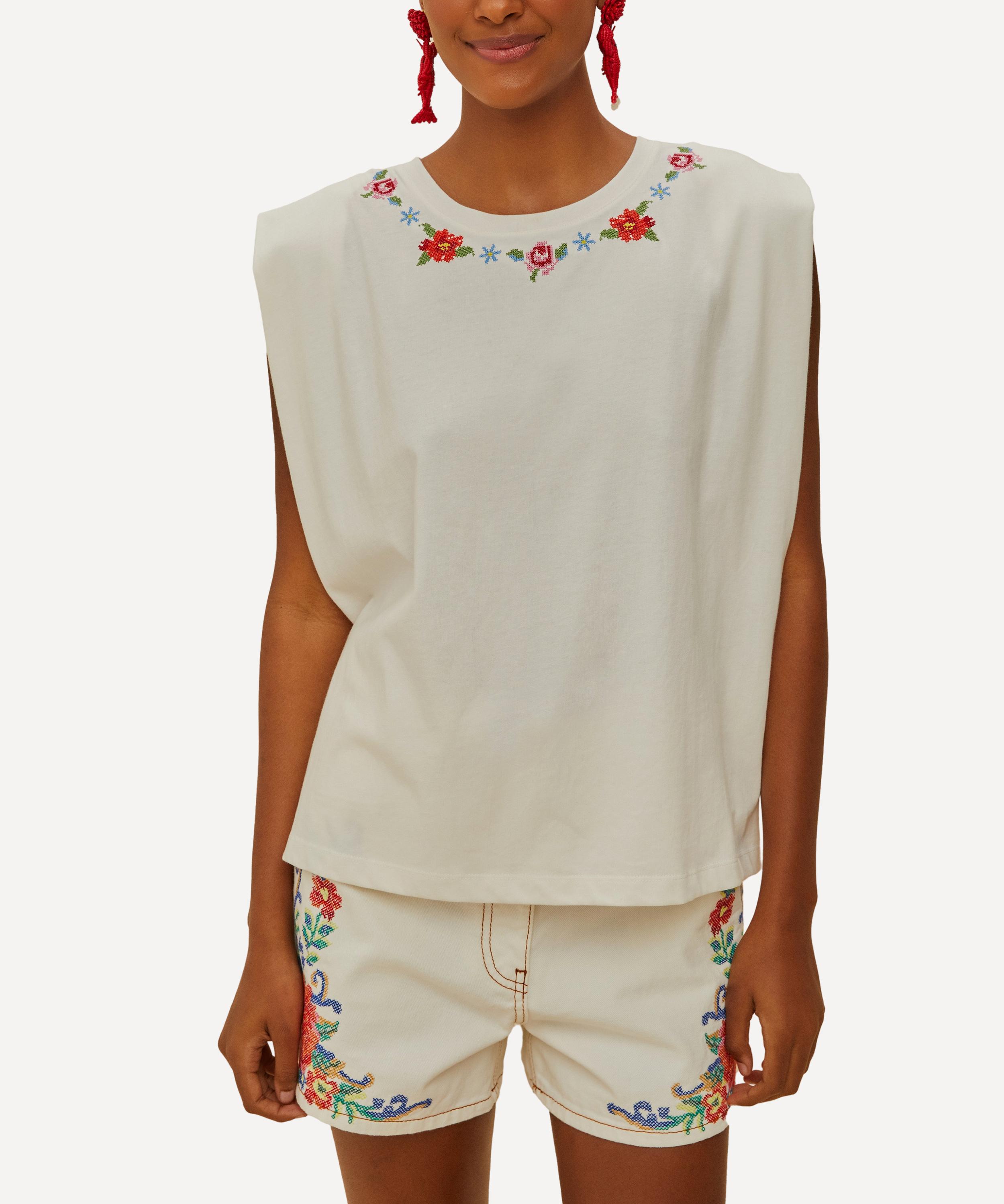 FARM Rio - Off-White Cross Stitch Flowers T-Shirt  image number 0