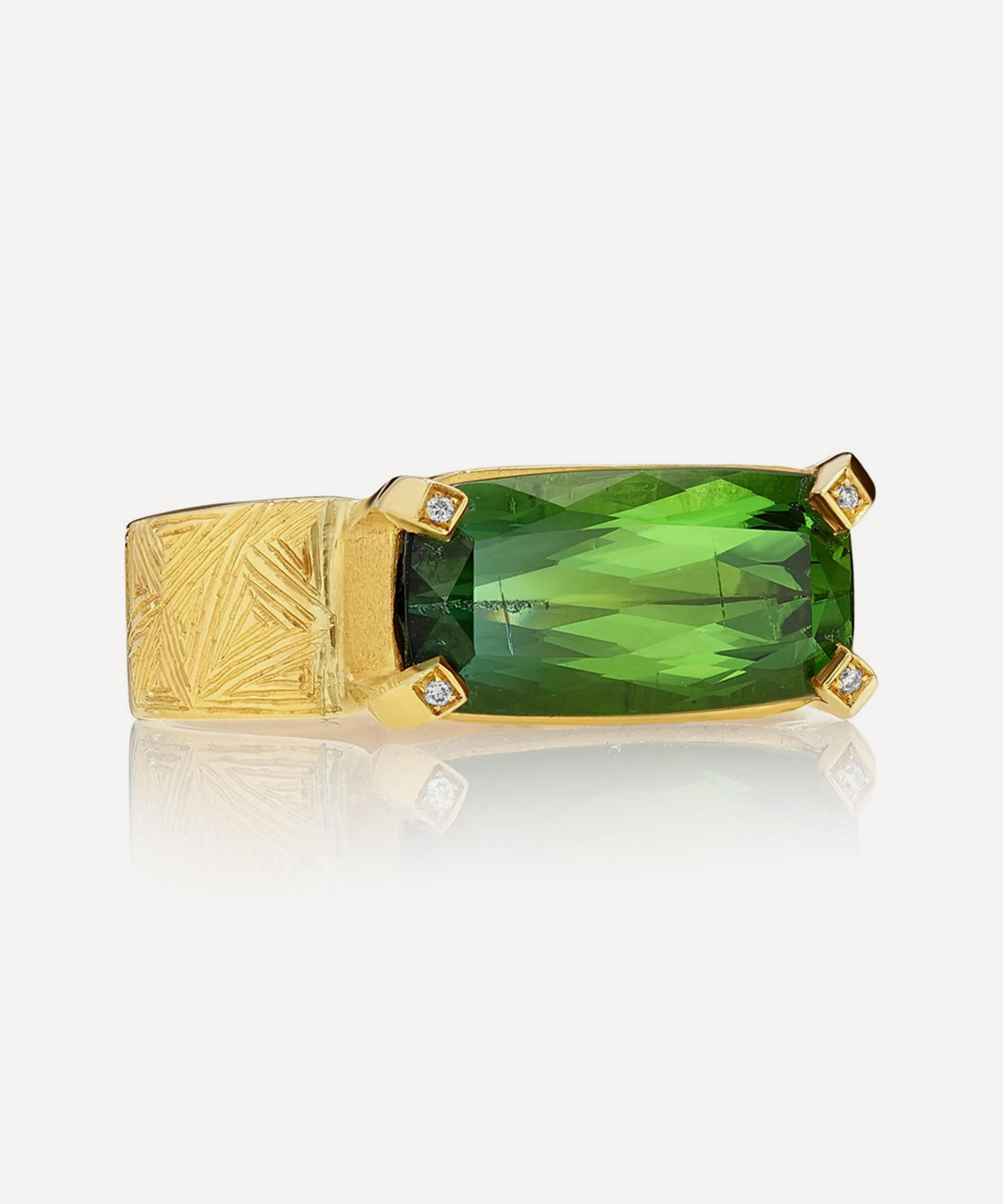Brooke Gregson - 18ct Gold Bauhaus Green Tourmaline Engraved Ring