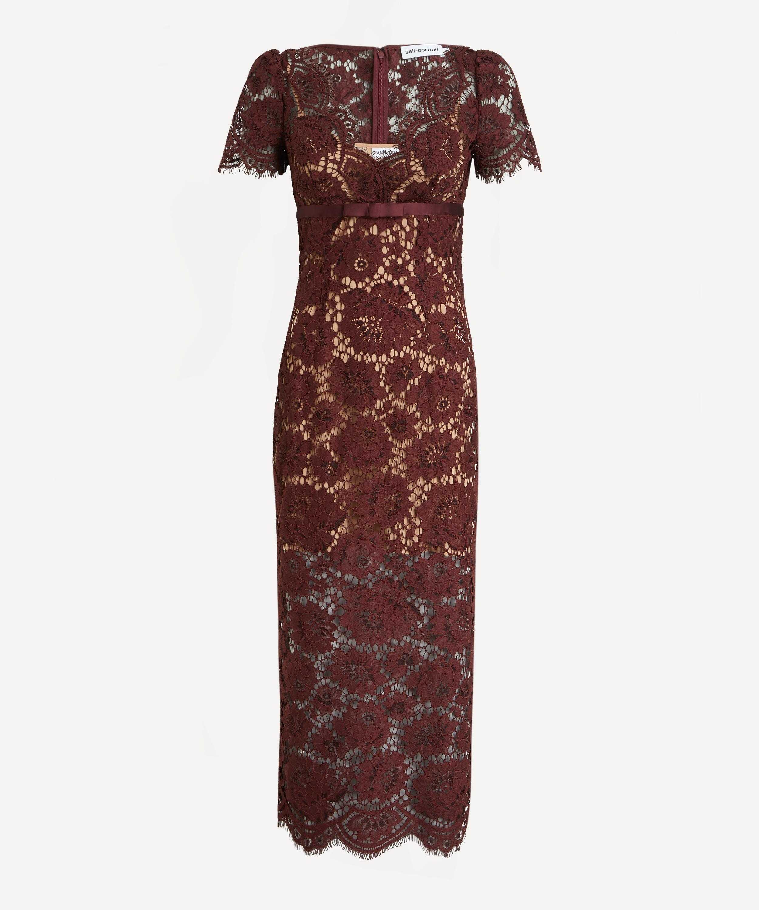 Self-Portrait - Burgundy Floral Lace Midi Dress image number 0