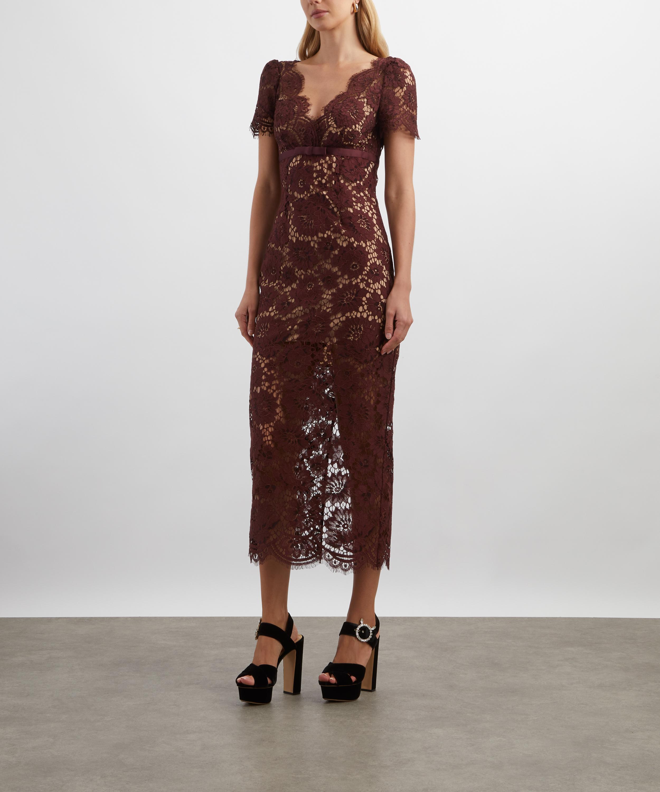 Self-Portrait - Burgundy Floral Lace Midi Dress image number 2
