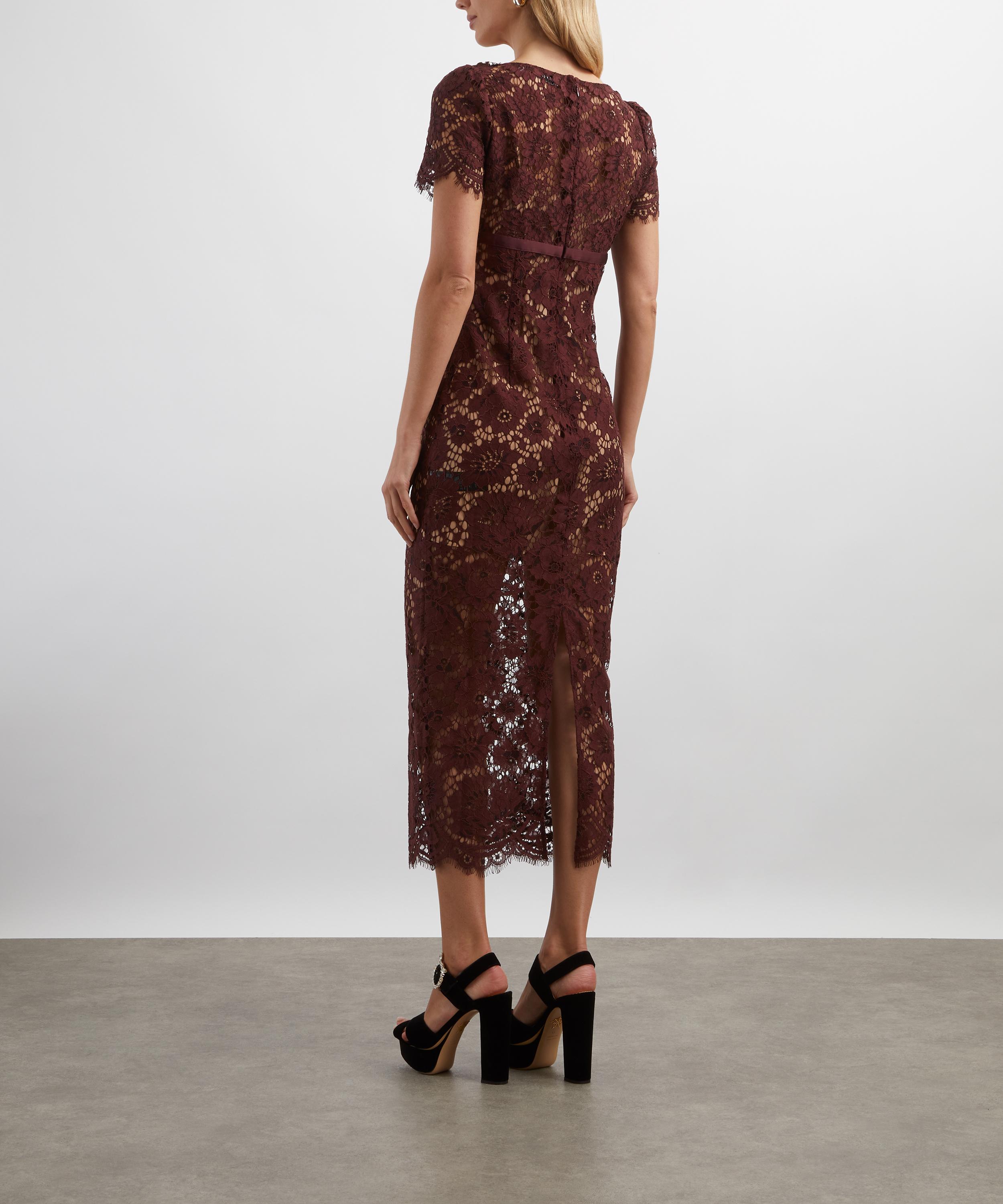 Self-Portrait - Burgundy Floral Lace Midi Dress image number 3