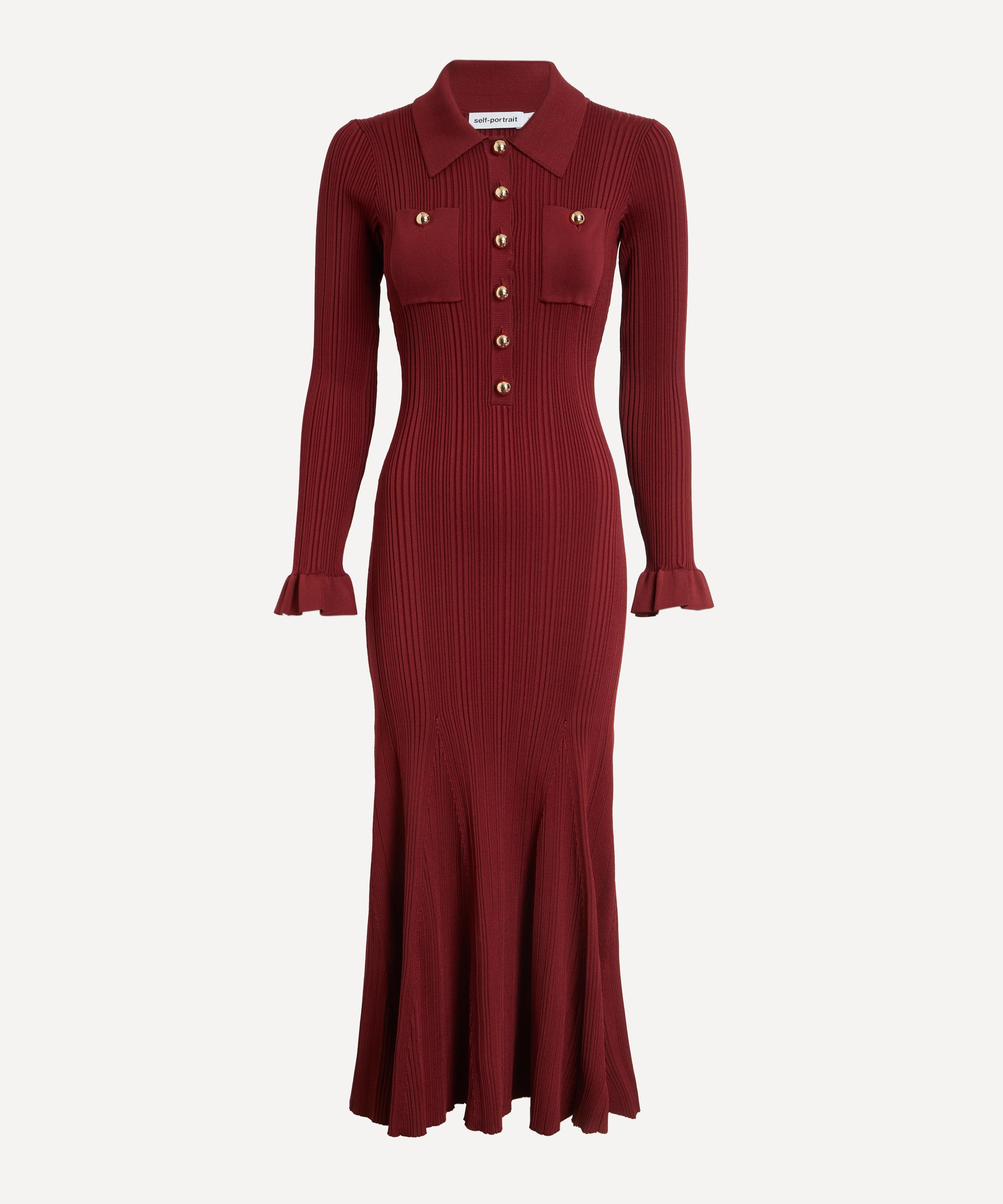 Self-Portrait - Burgundy Ribbed Knit Midi Dress image number 0