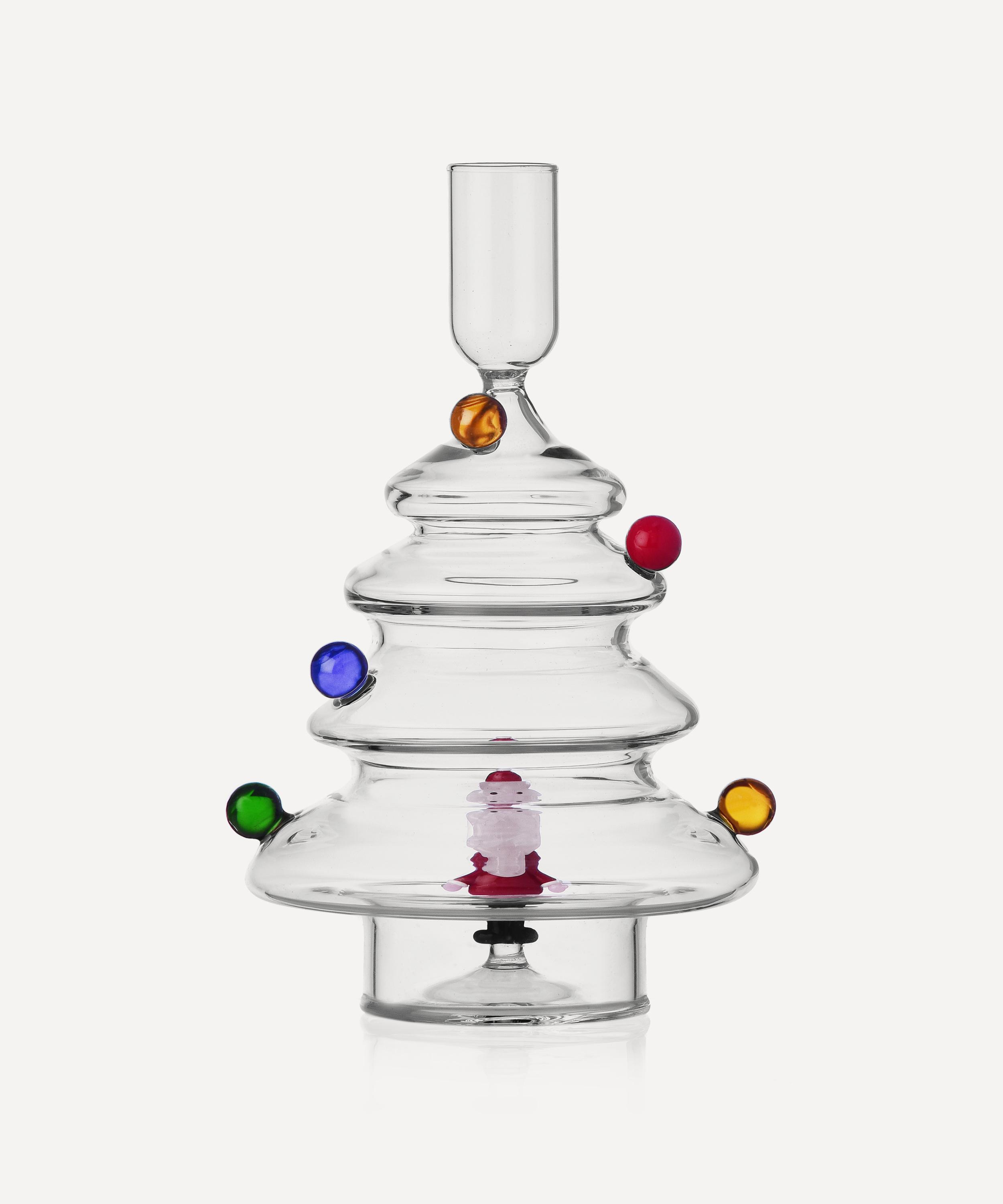 Christmas - Christmas Tree and Santa Claus Glass Candleholder