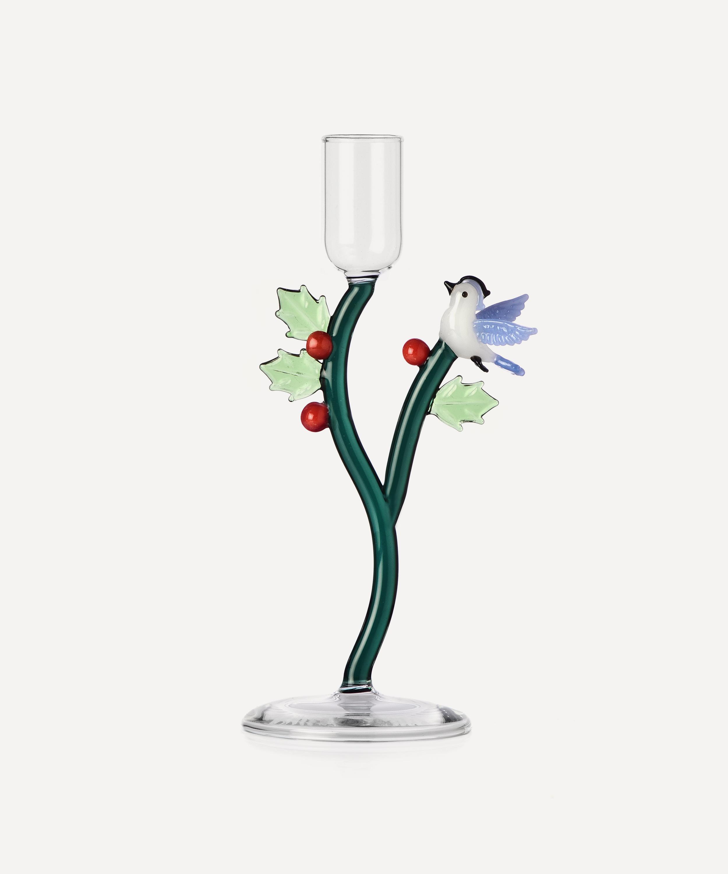 Christmas - Bird and Holly Glass Candleholder