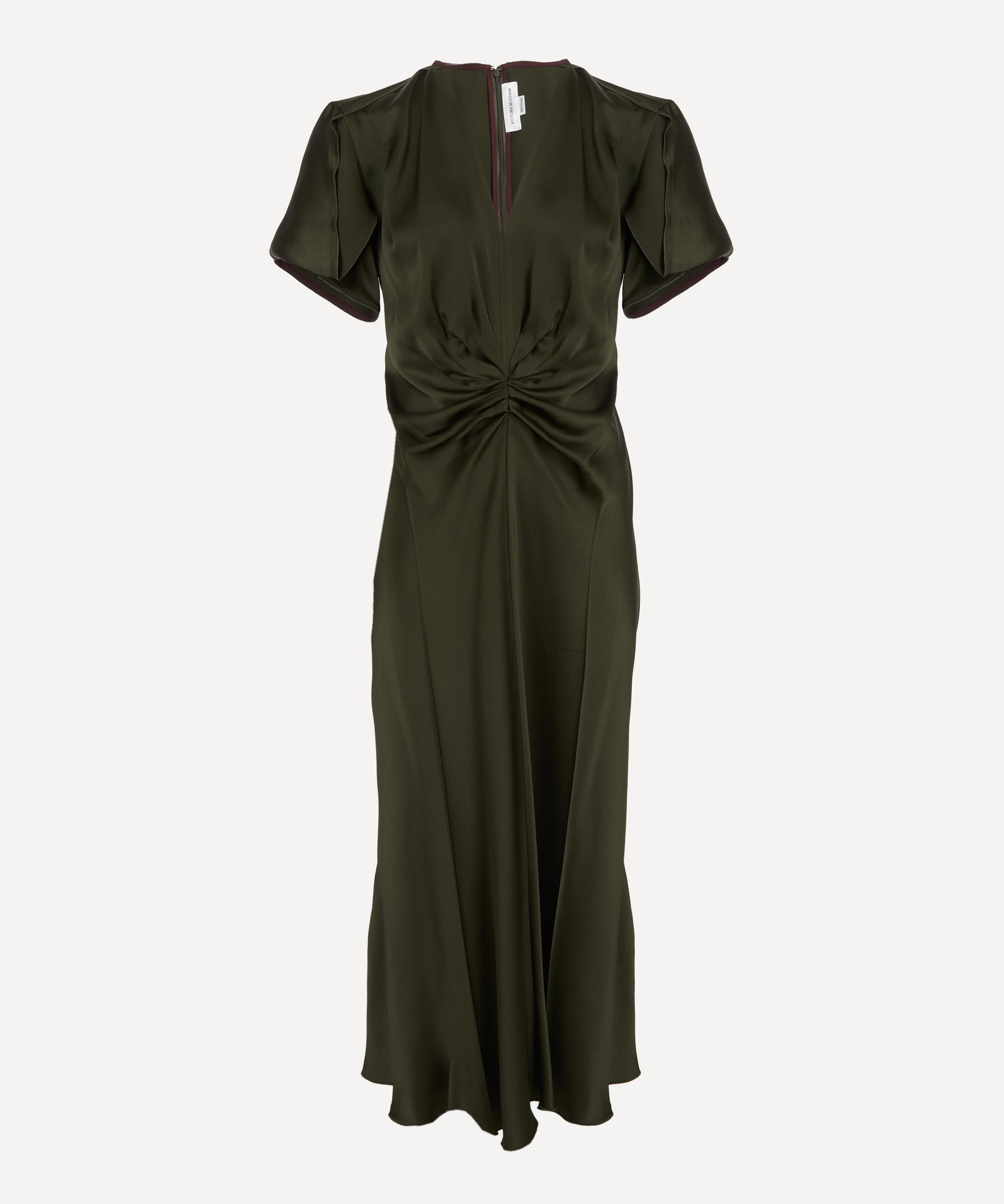 Victoria Beckham - Dark Olive Gathered V-Neck Midi Dress image number 0