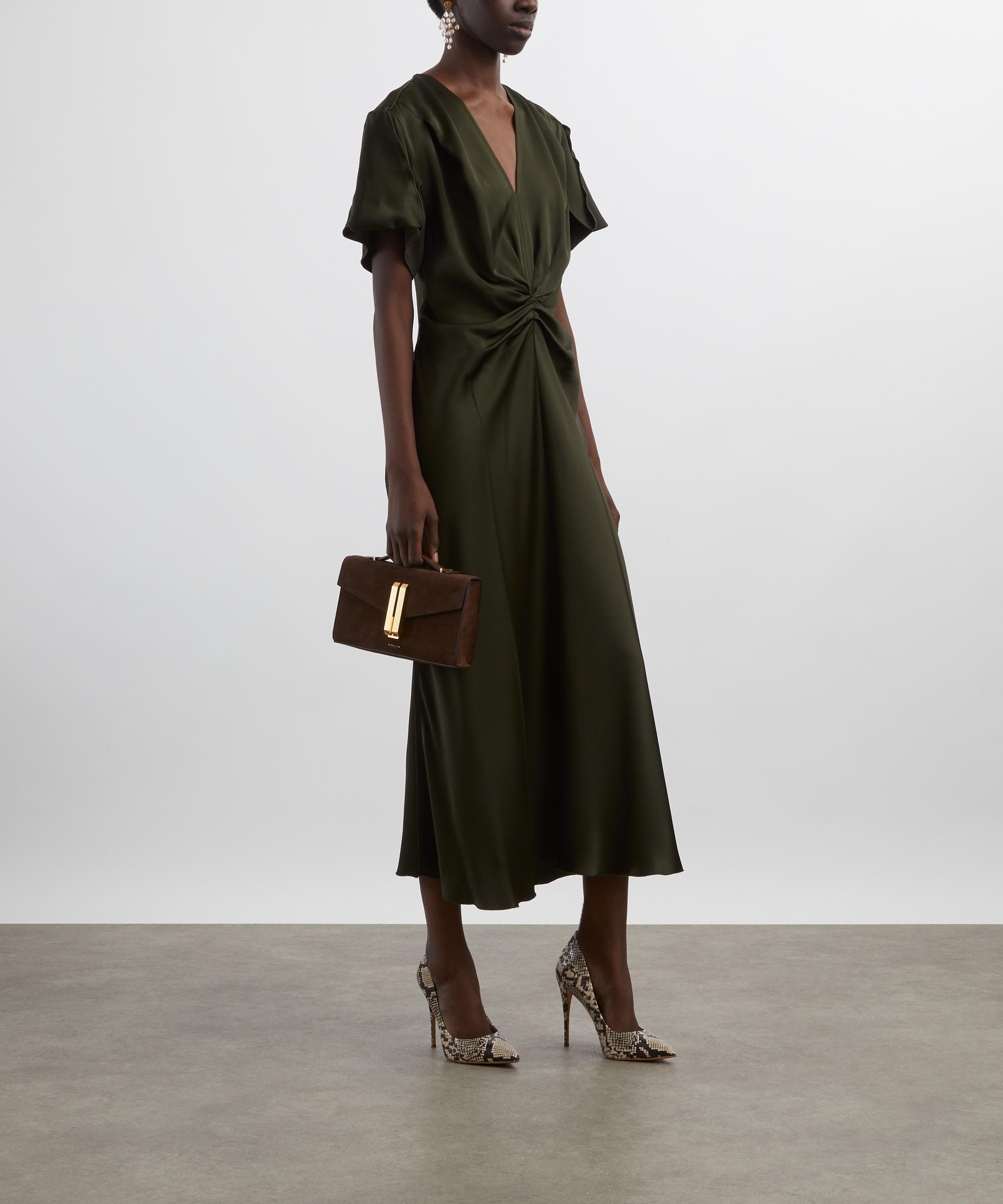 Victoria Beckham - Dark Olive Gathered V-Neck Midi Dress image number 1
