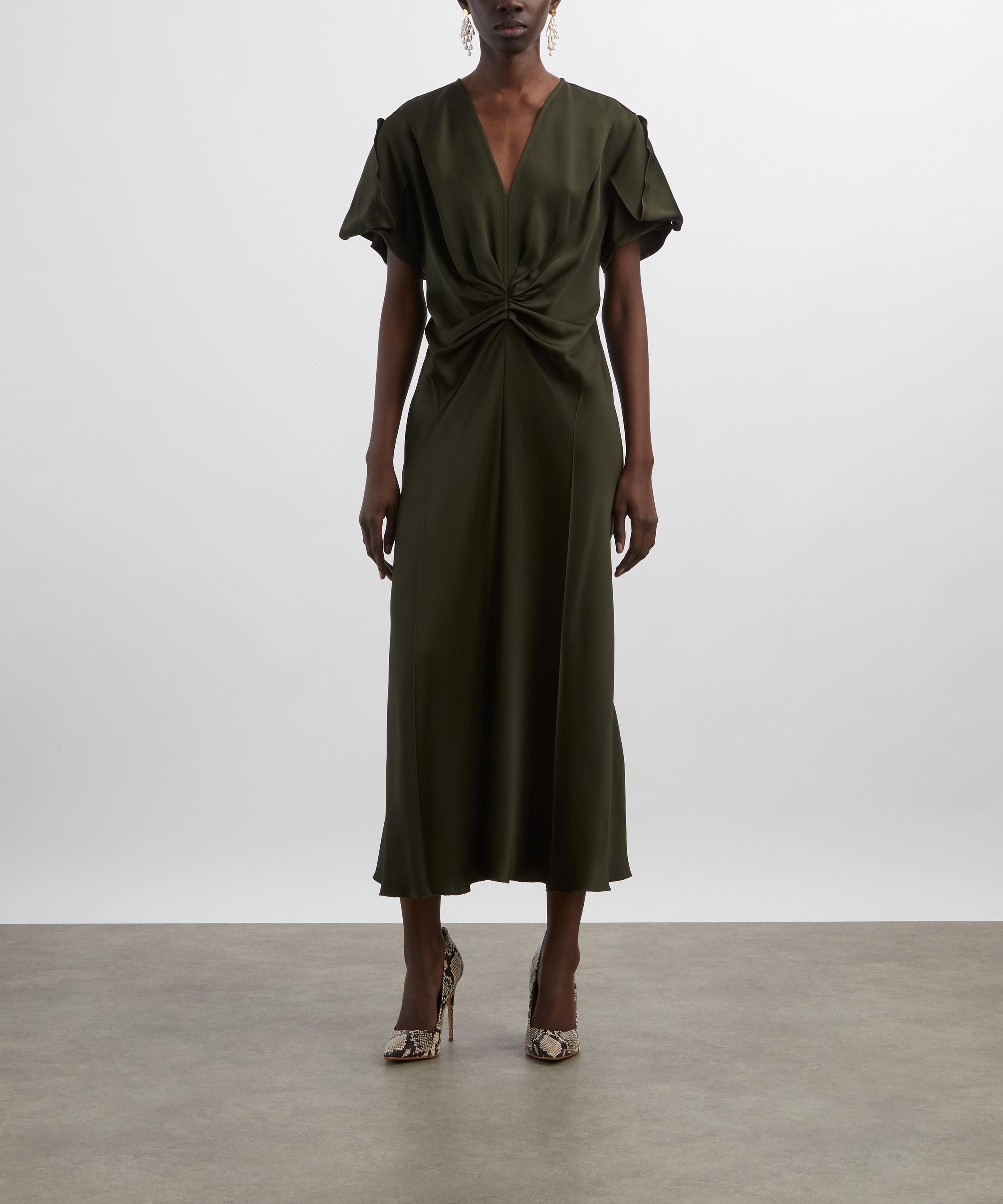Victoria Beckham - Dark Olive Gathered V-Neck Midi Dress image number 2