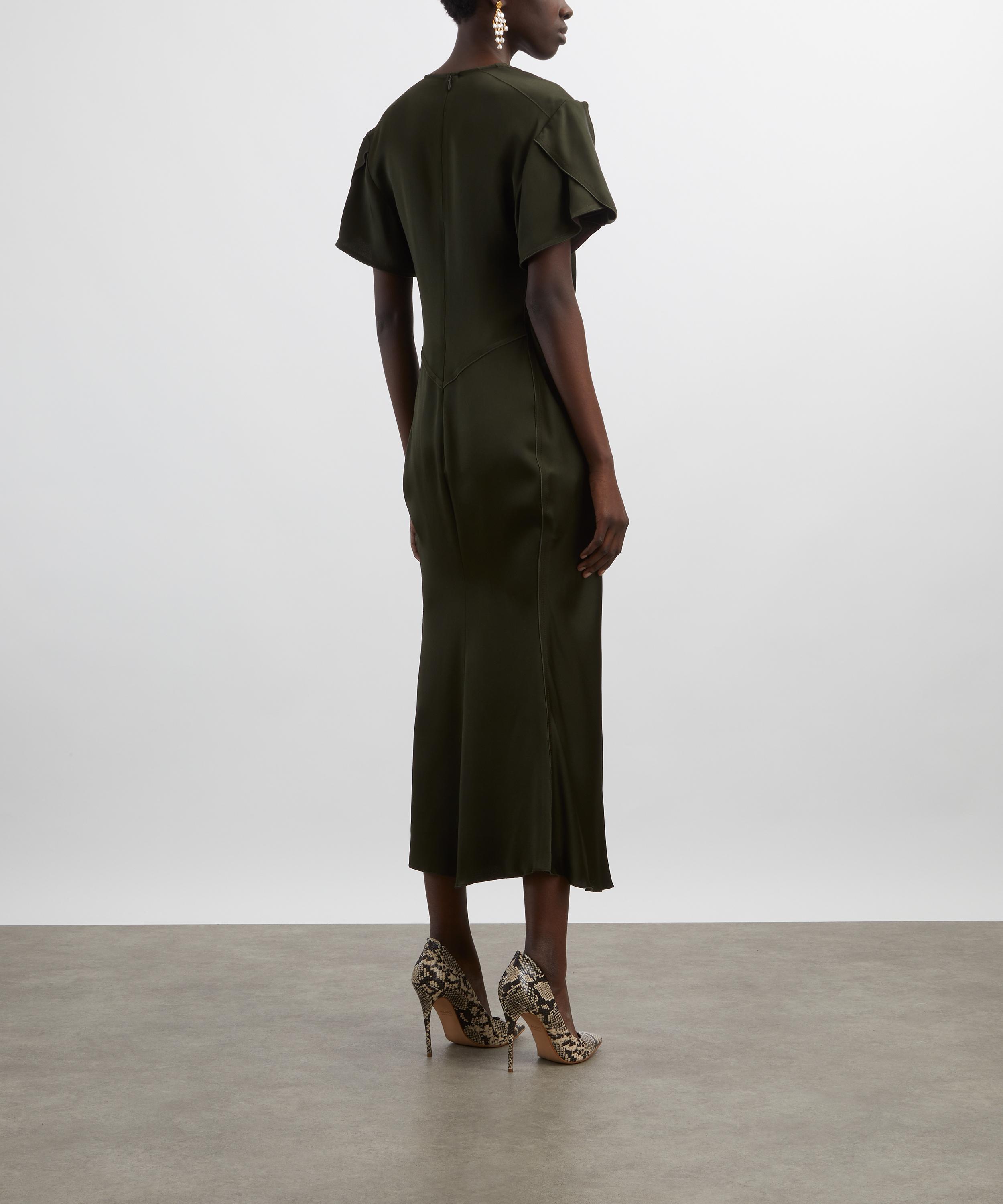 Victoria Beckham - Dark Olive Gathered V-Neck Midi Dress image number 3