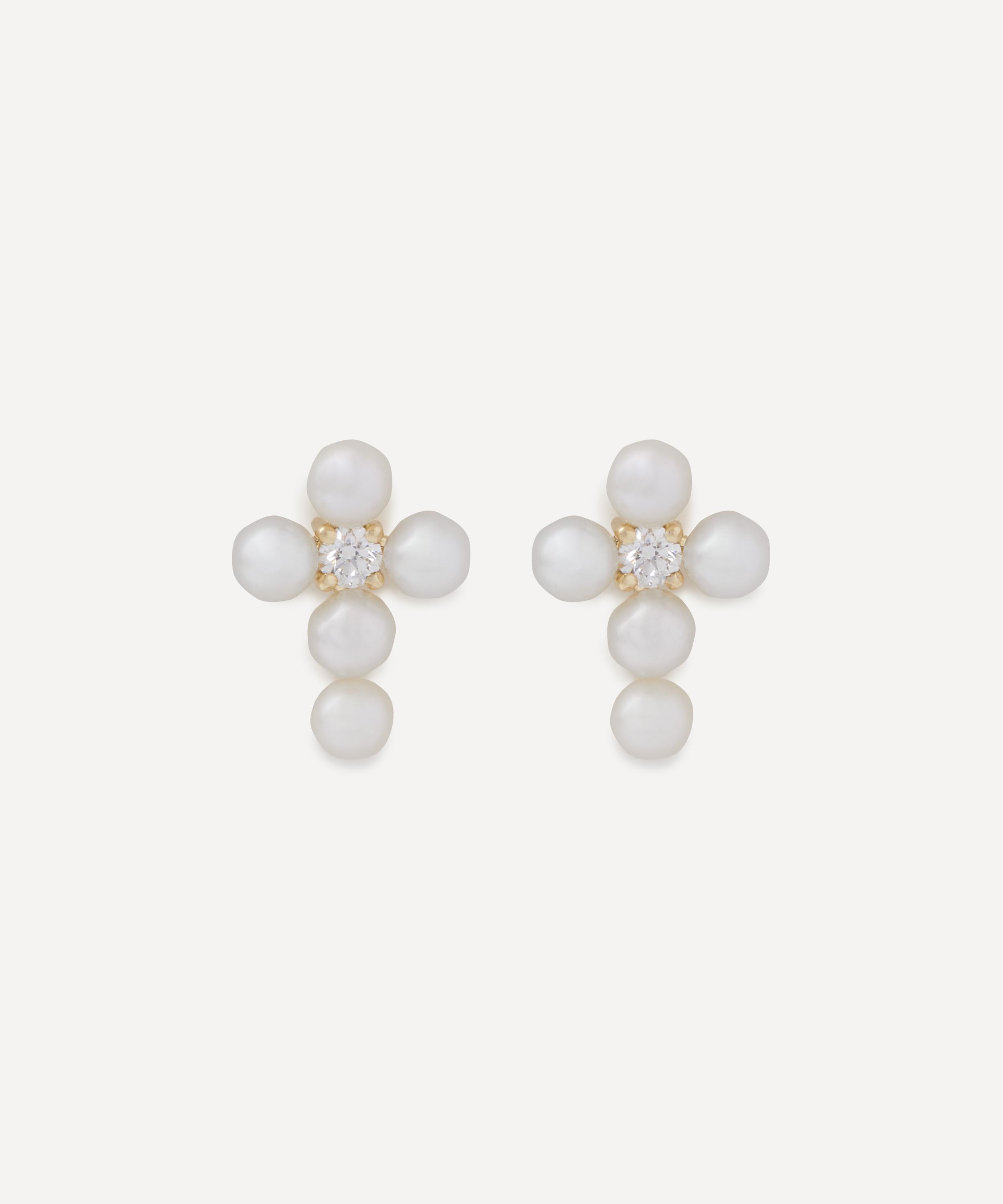 Mizuki - 14ct Gold Sea of Beauty Cross Pearl Diamond Stud Earrings