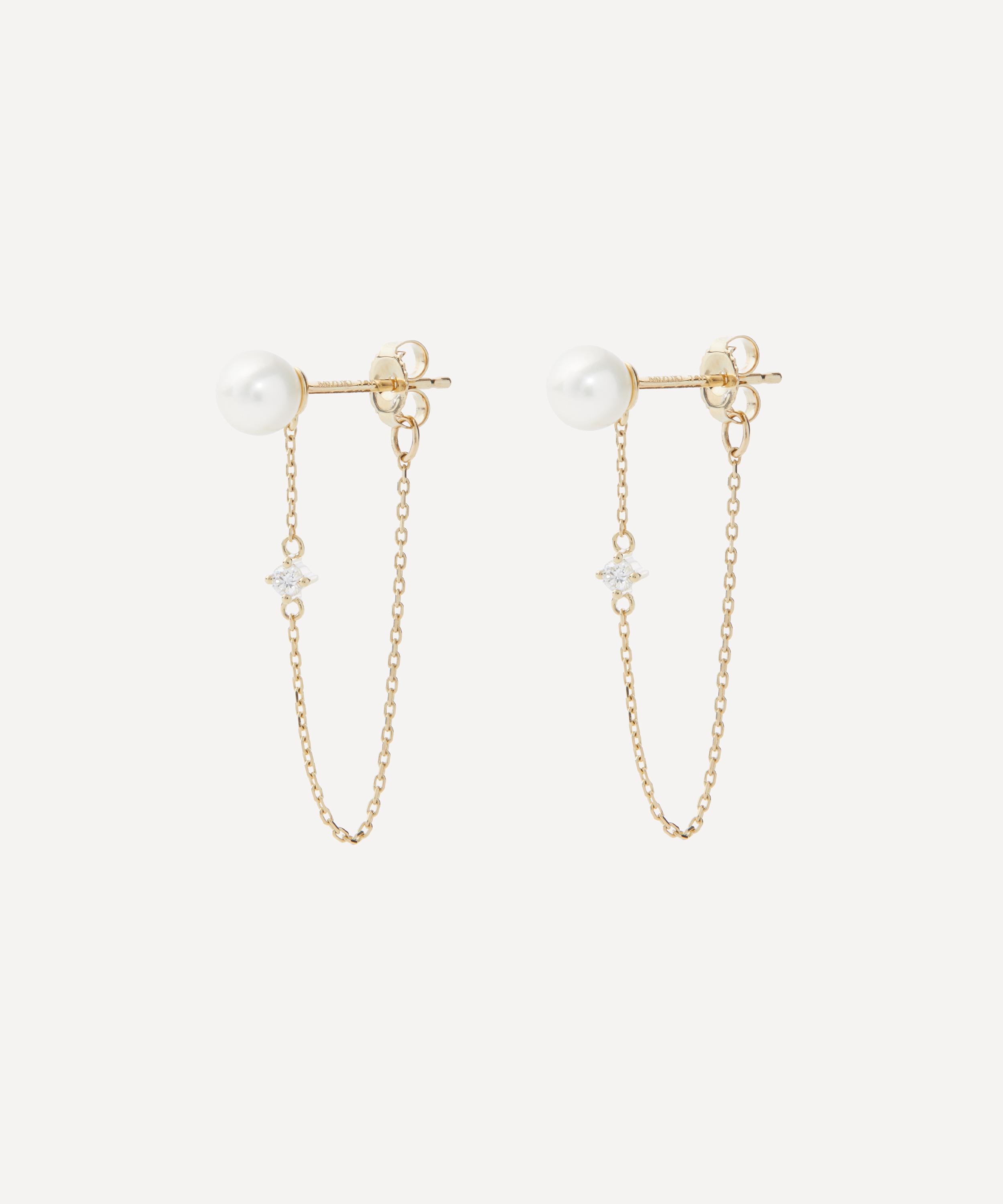Mizuki - 14ct Gold Pearl Diamond Chain Stud Earrings